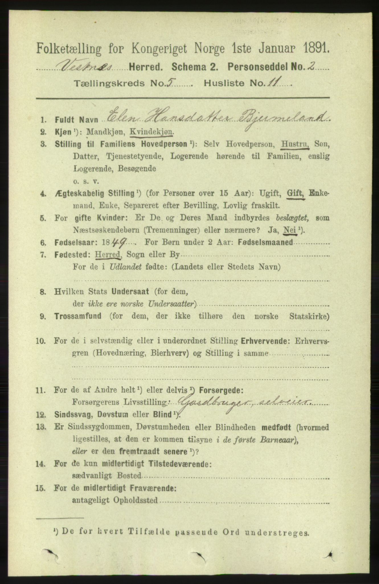 RA, 1891 census for 1535 Vestnes, 1891, p. 1876