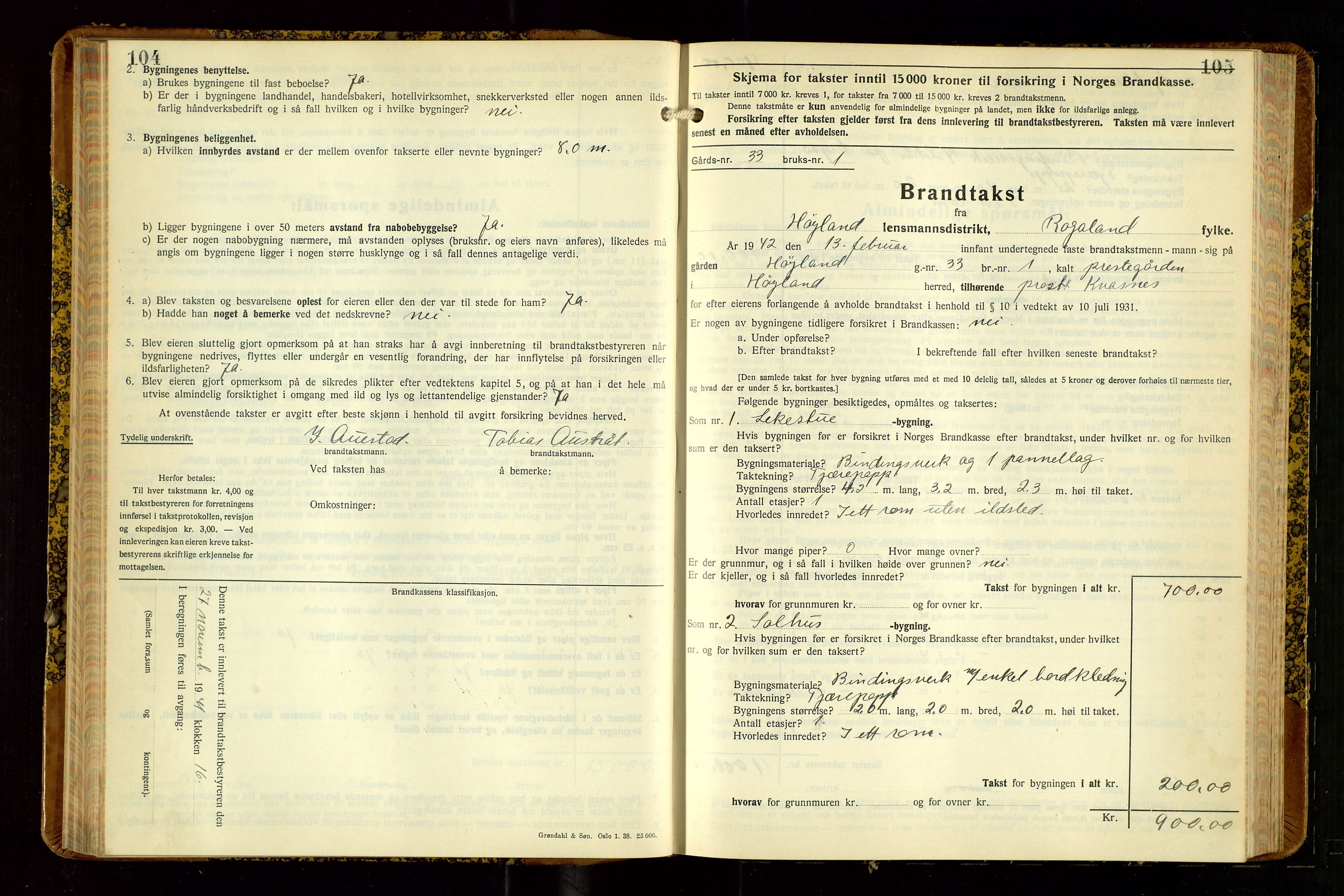 Høyland/Sandnes lensmannskontor, SAST/A-100166/Gob/L0008: "Branntakstprotokoll", 1940-1952, p. 104-105