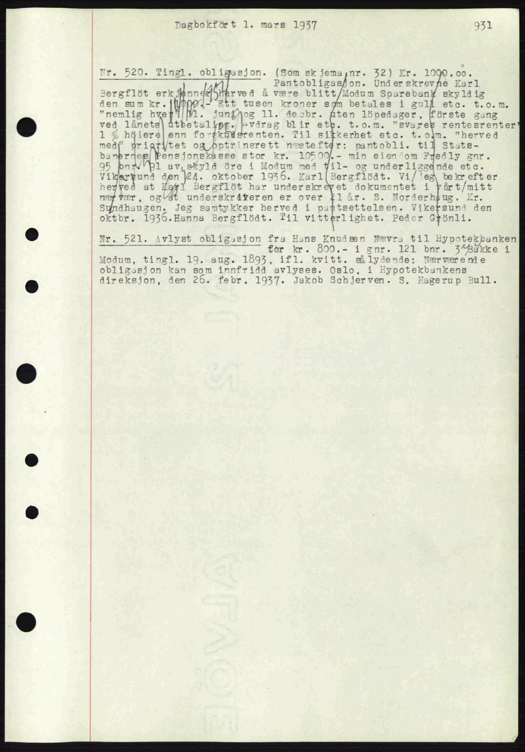 Eiker, Modum og Sigdal sorenskriveri, SAKO/A-123/G/Ga/Gab/L0034: Mortgage book no. A4, 1936-1937, Diary no: : 520/1937