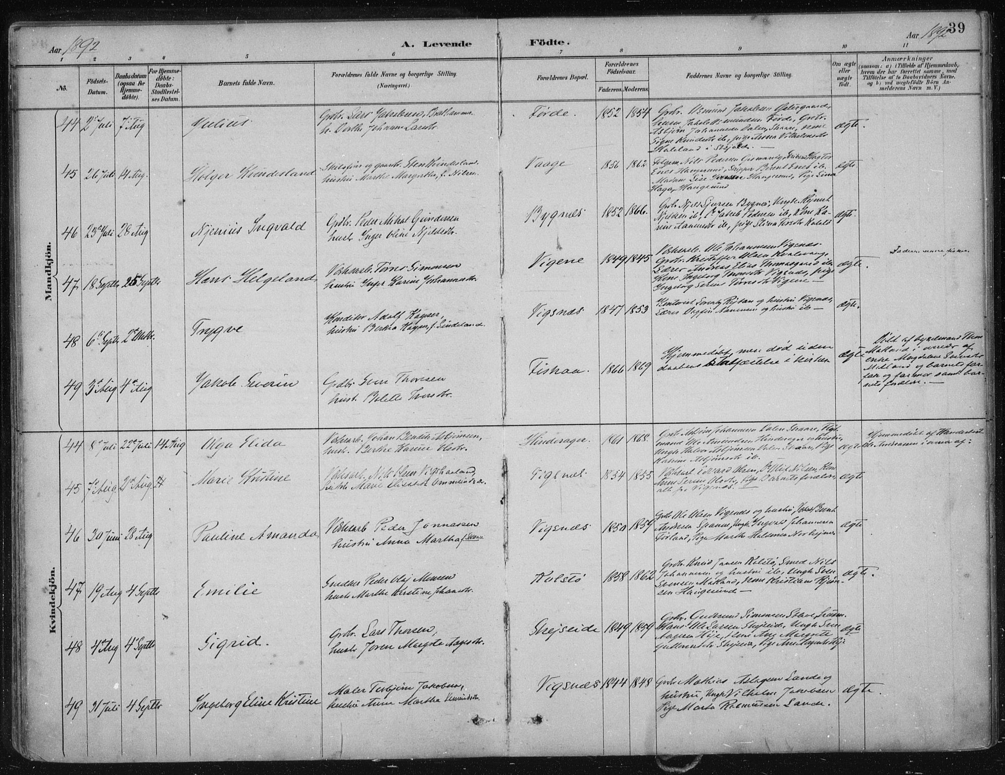 Avaldsnes sokneprestkontor, AV/SAST-A -101851/H/Ha/Haa/L0017: Parish register (official) no. A 17, 1889-1920, p. 39