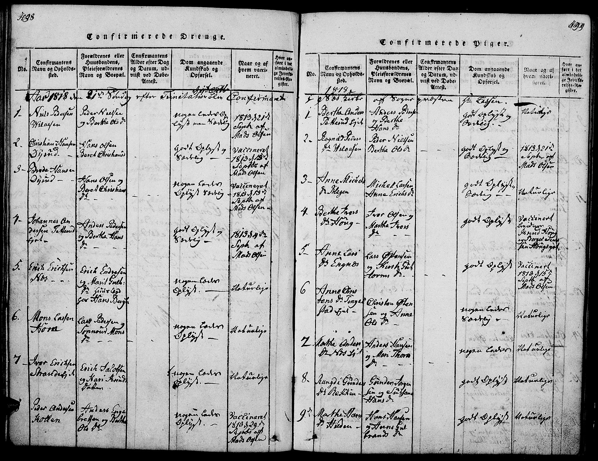 Gran prestekontor, SAH/PREST-112/H/Ha/Hab/L0001: Parish register (copy) no. 1, 1815-1824, p. 498-499
