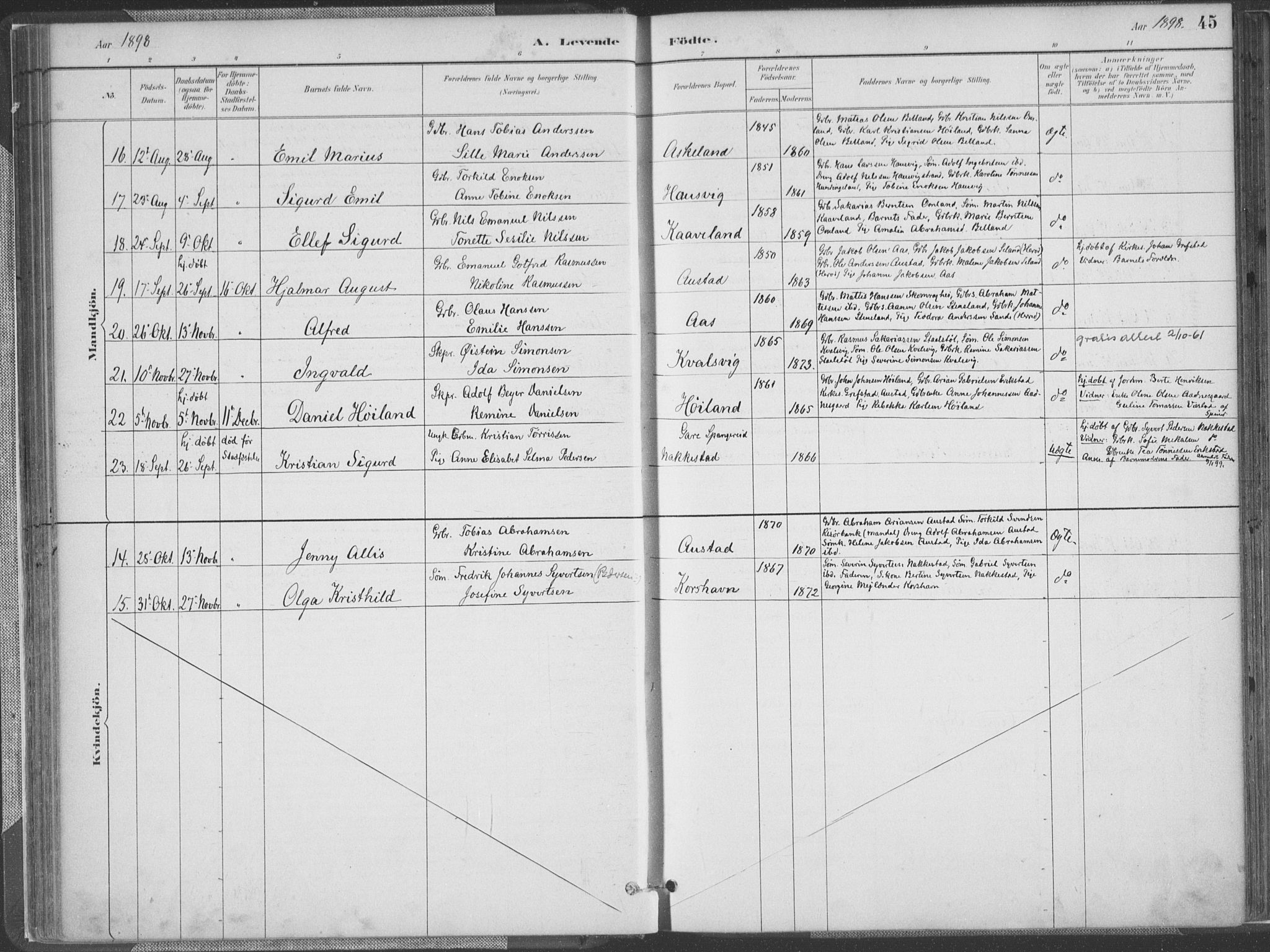 Lyngdal sokneprestkontor, SAK/1111-0029/F/Fa/Faa/L0004: Parish register (official) no. A 4, 1883-1904, p. 45