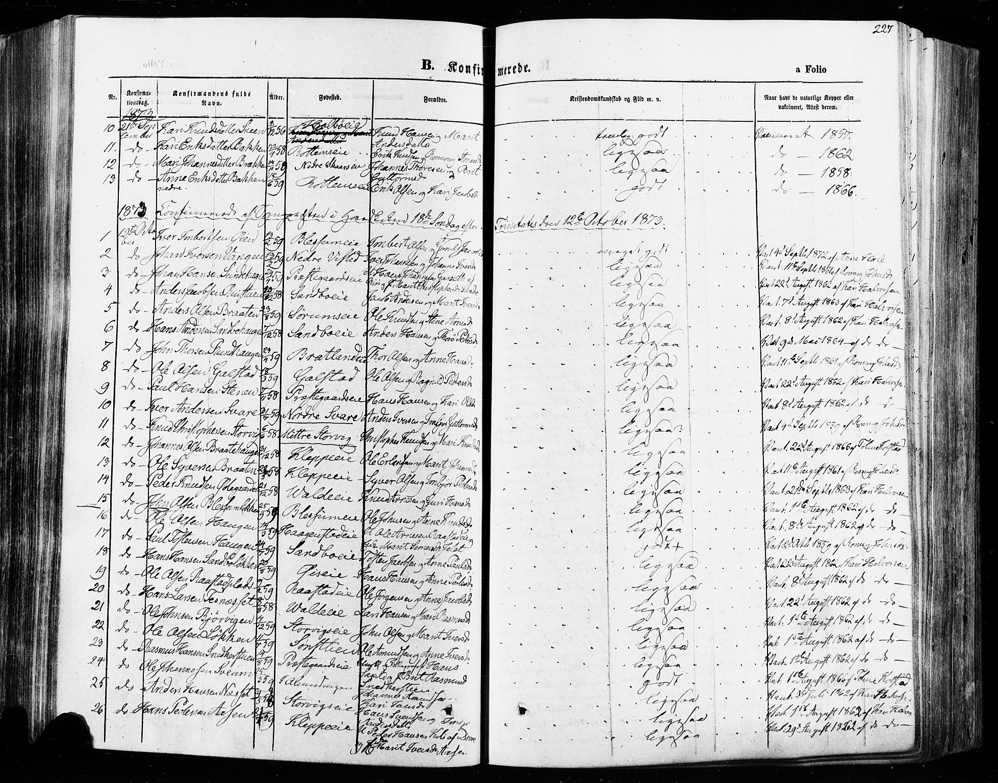 Vågå prestekontor, AV/SAH-PREST-076/H/Ha/Haa/L0007: Parish register (official) no. 7 /1, 1872-1886, p. 227