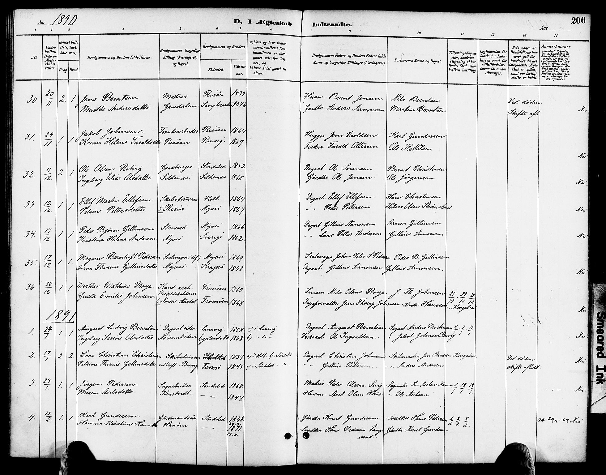 Søndeled sokneprestkontor, AV/SAK-1111-0038/F/Fa/L0005: Parish register (official) no. A 5, 1889-1899, p. 206