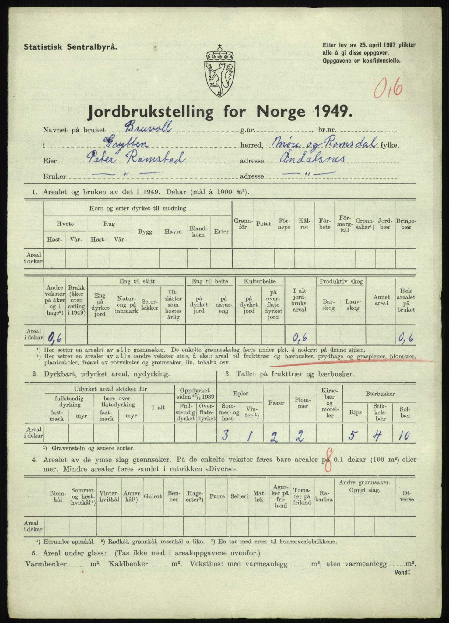 Statistisk sentralbyrå, Næringsøkonomiske emner, Jordbruk, skogbruk, jakt, fiske og fangst, AV/RA-S-2234/G/Gc/L0323: Møre og Romsdal: Grytten og Hen, 1949, p. 5