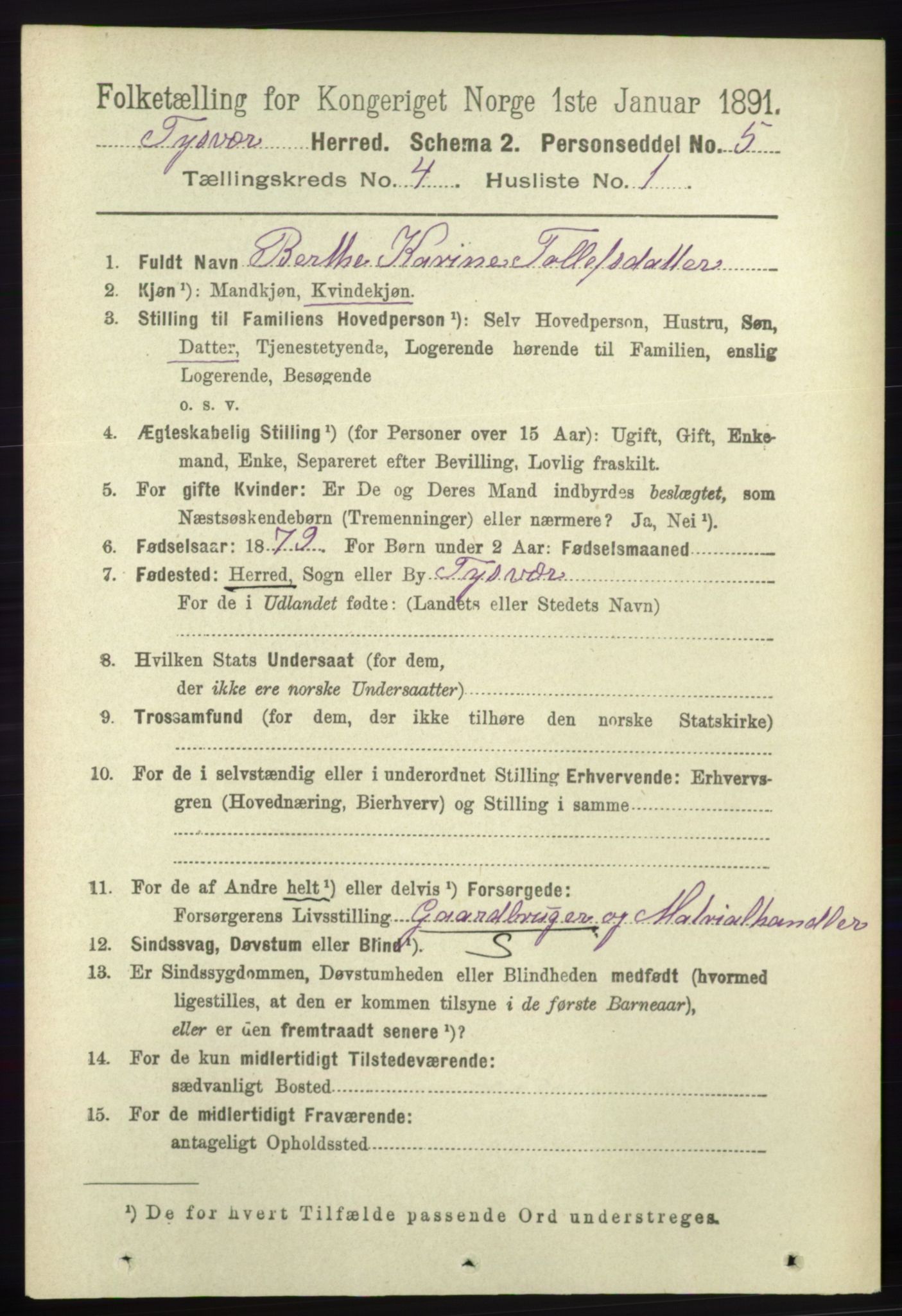 RA, 1891 census for 1146 Tysvær, 1891, p. 1515