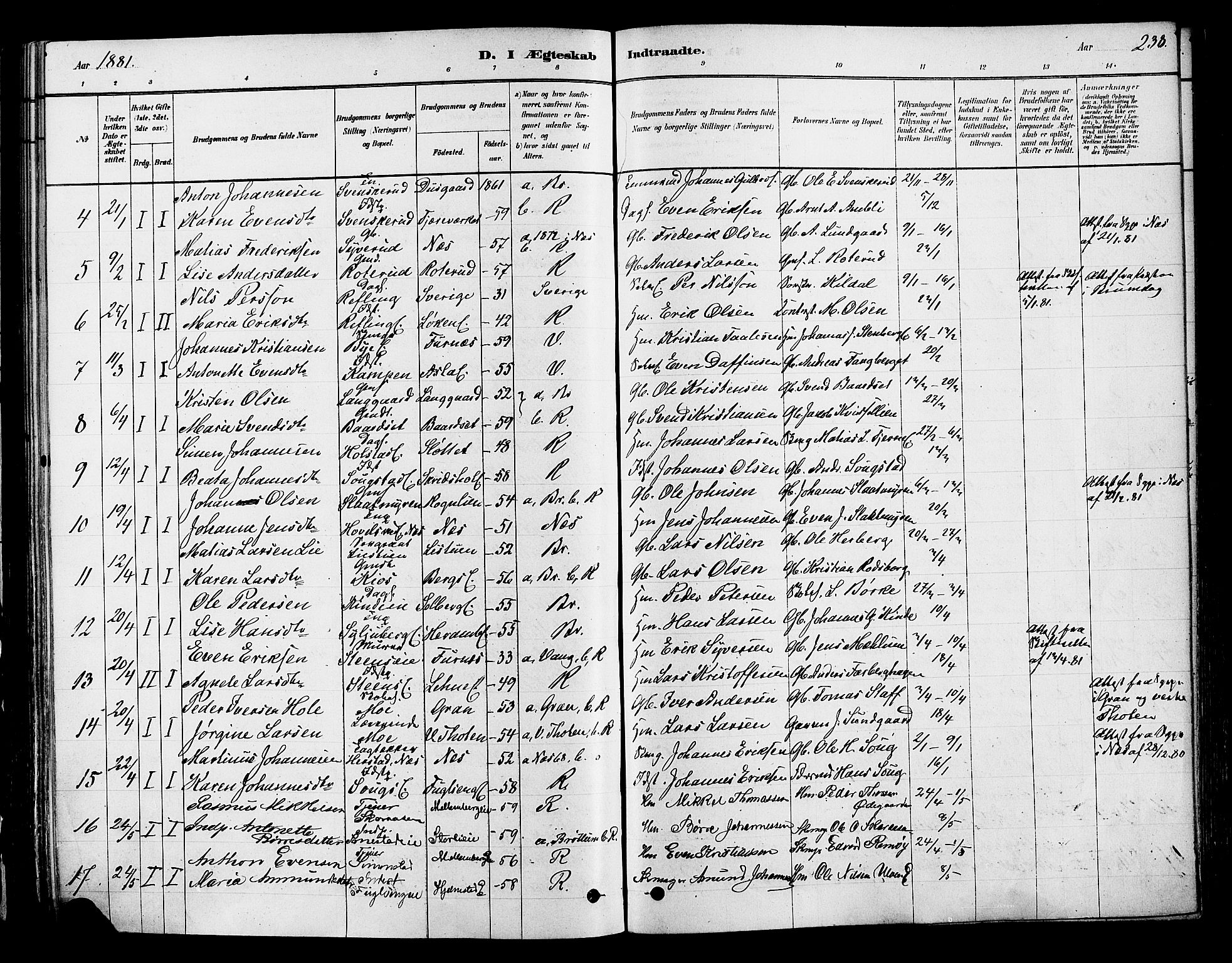 Ringsaker prestekontor, AV/SAH-PREST-014/K/Ka/L0012: Parish register (official) no. 12, 1879-1890, p. 238