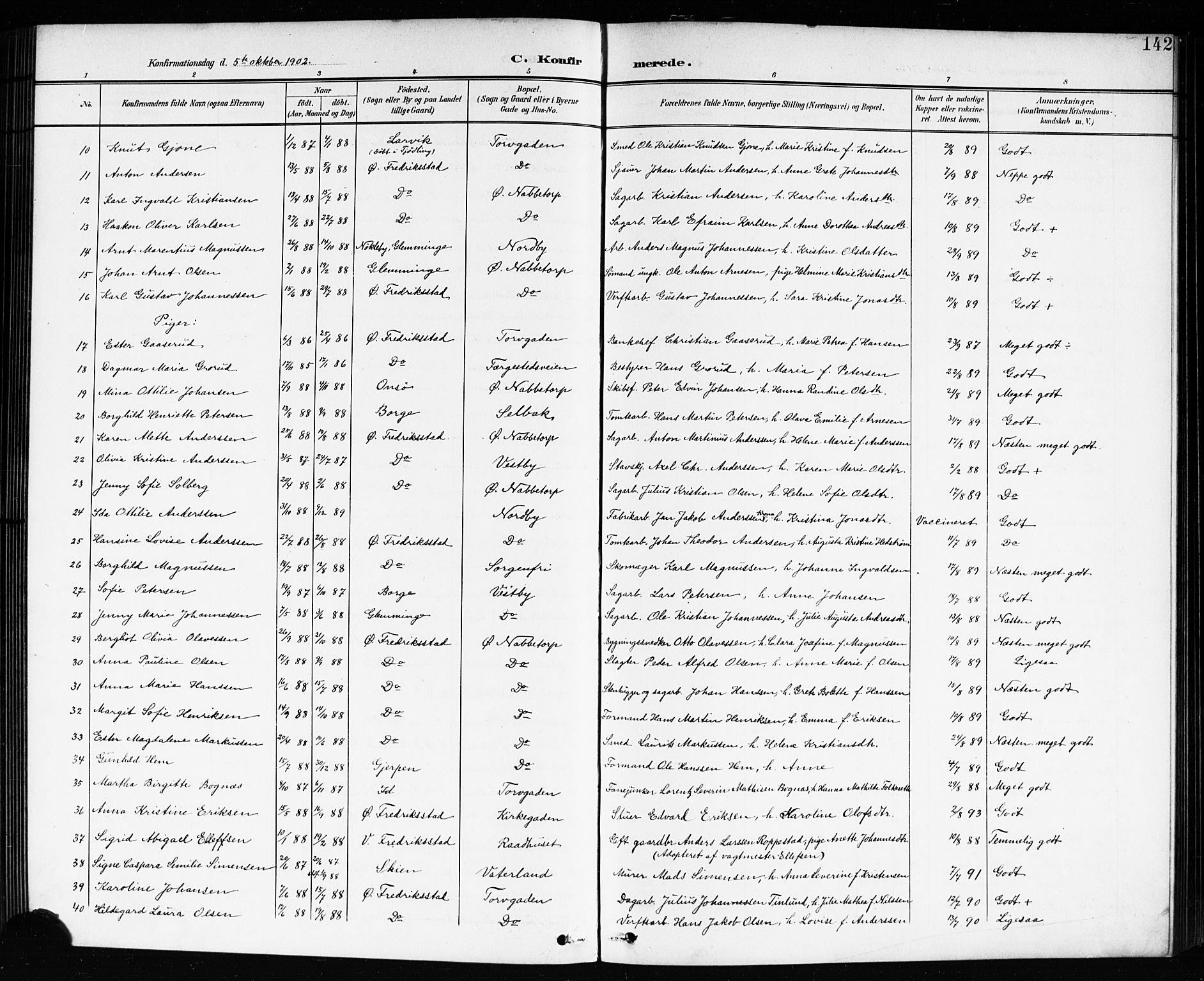 Østre Fredrikstad prestekontor Kirkebøker, SAO/A-10907/G/Ga/L0002: Parish register (copy) no. 2, 1900-1919, p. 142