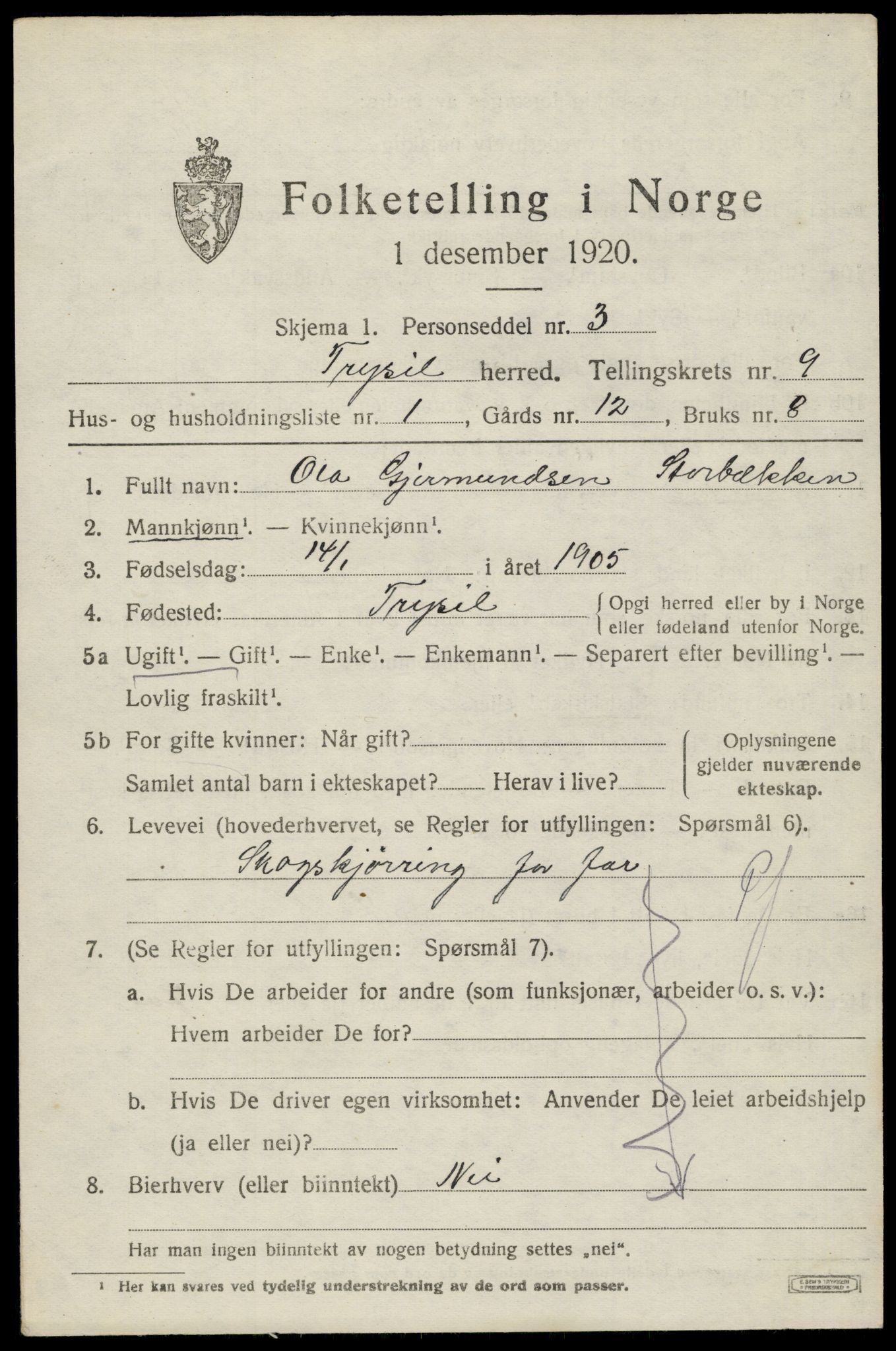 SAH, 1920 census for Trysil, 1920, p. 6559