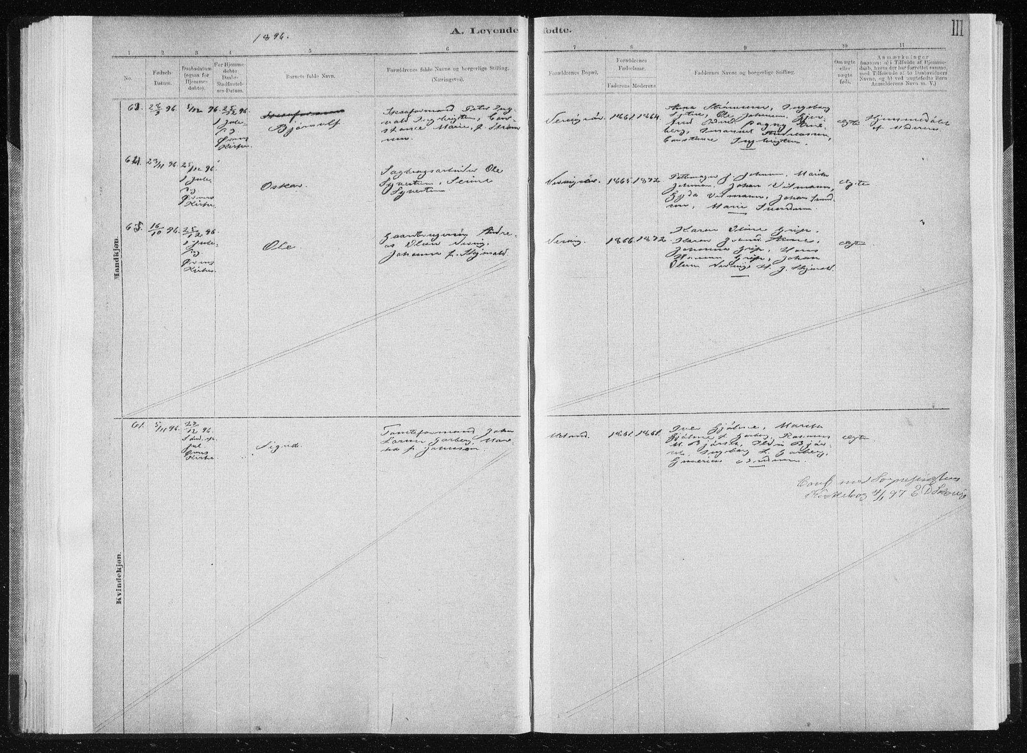 Ministerialprotokoller, klokkerbøker og fødselsregistre - Sør-Trøndelag, SAT/A-1456/668/L0818: Parish register (copy) no. 668C07, 1885-1898, p. 111