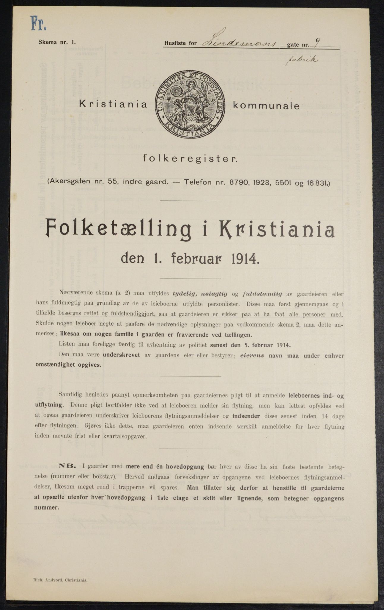 OBA, Municipal Census 1914 for Kristiania, 1914, p. 57616