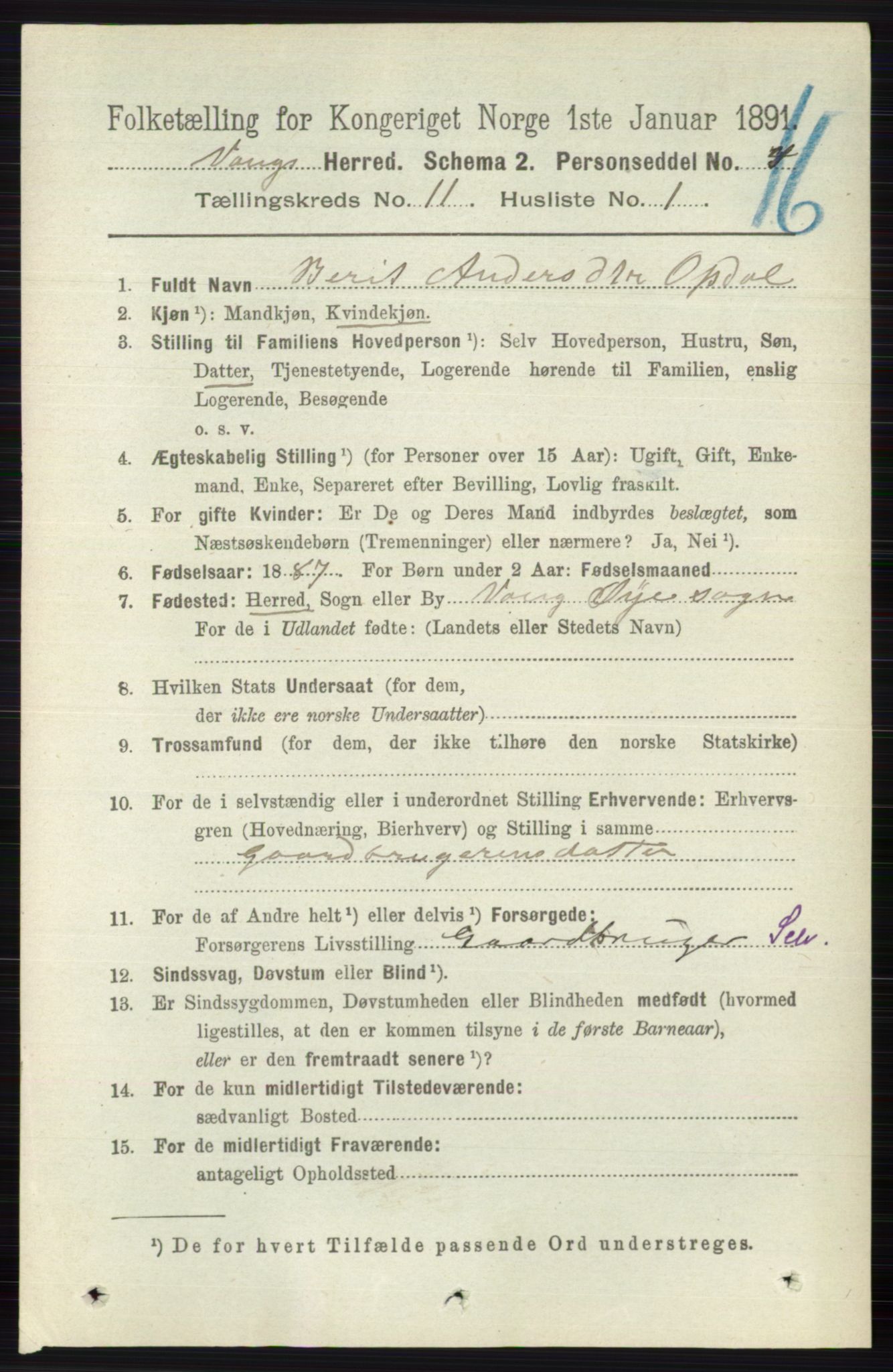 RA, 1891 census for 0545 Vang, 1891, p. 2400