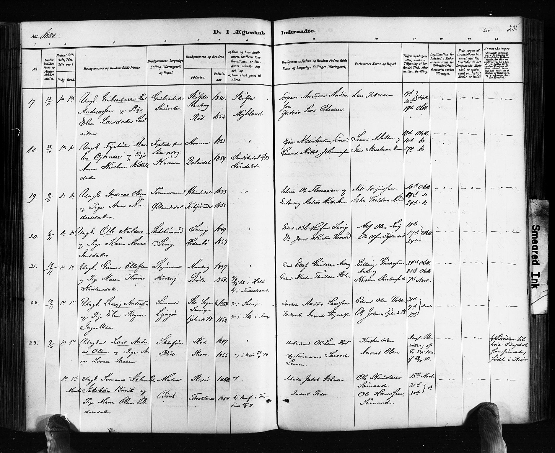 Søndeled sokneprestkontor, AV/SAK-1111-0038/F/Fa/L0004: Parish register (official) no. A 4, 1880-1889, p. 235