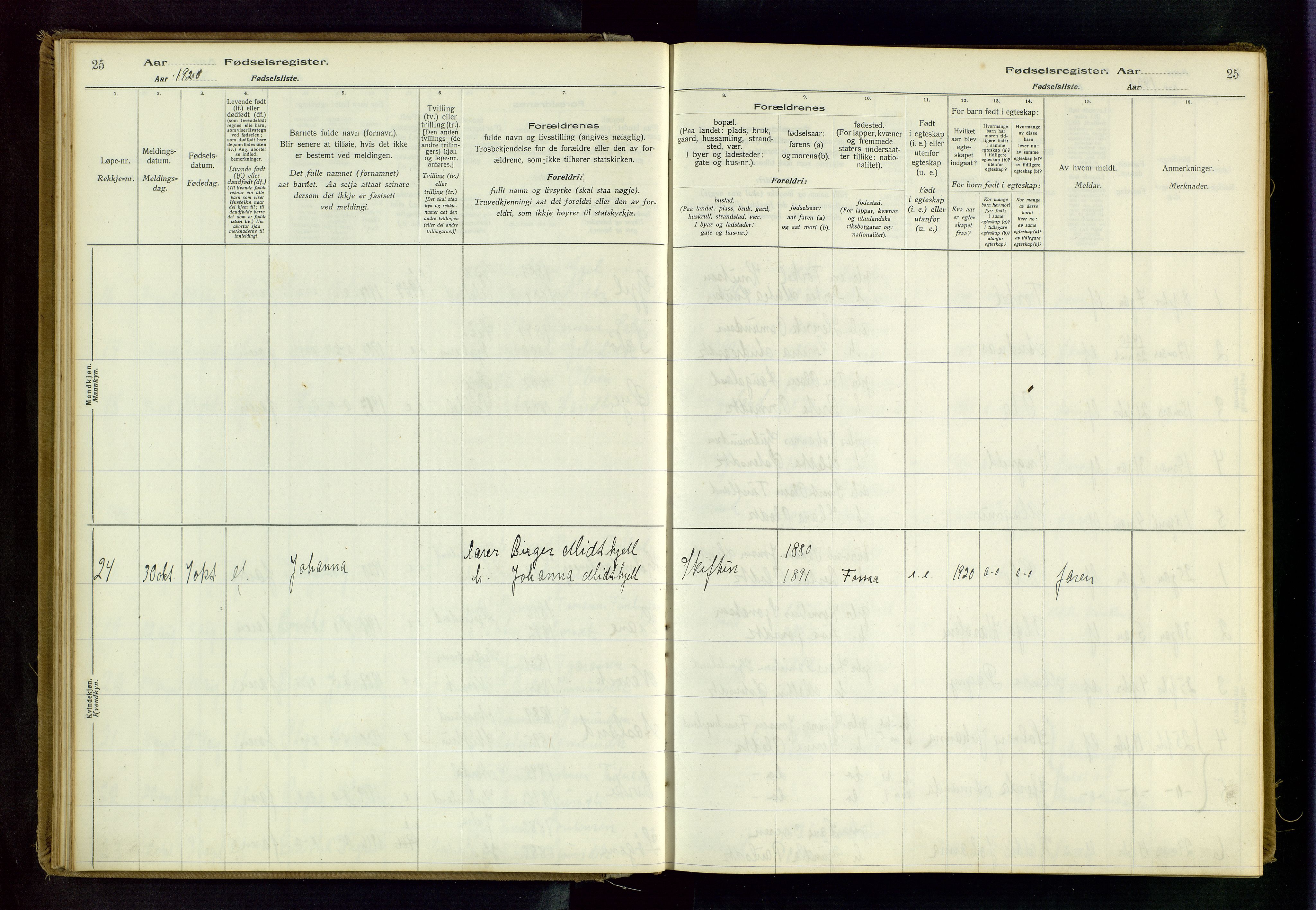 Hjelmeland sokneprestkontor, AV/SAST-A-101843/02/B/L0001: Birth register no. 1, 1916-1963, p. 25