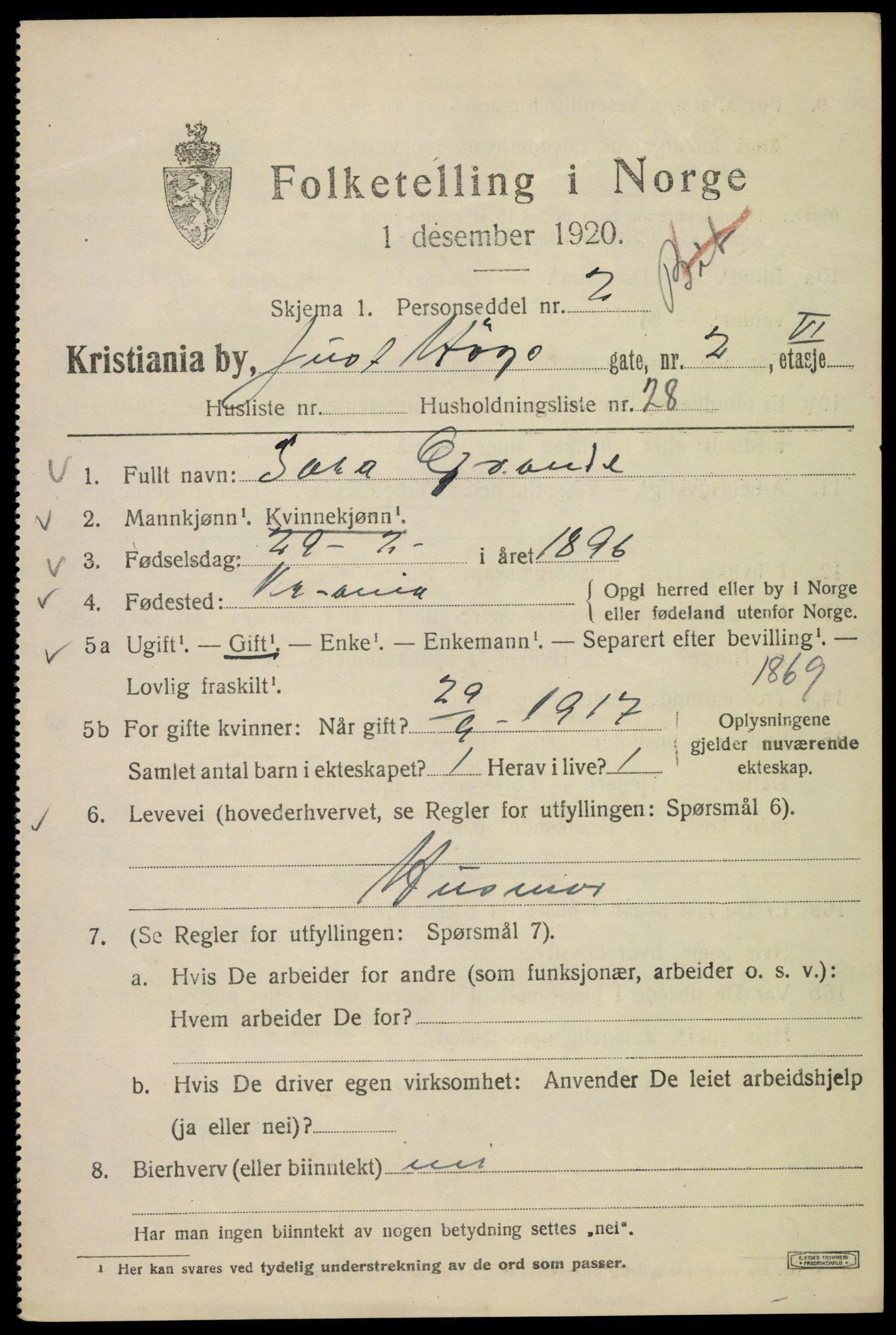 SAO, 1920 census for Kristiania, 1920, p. 325597