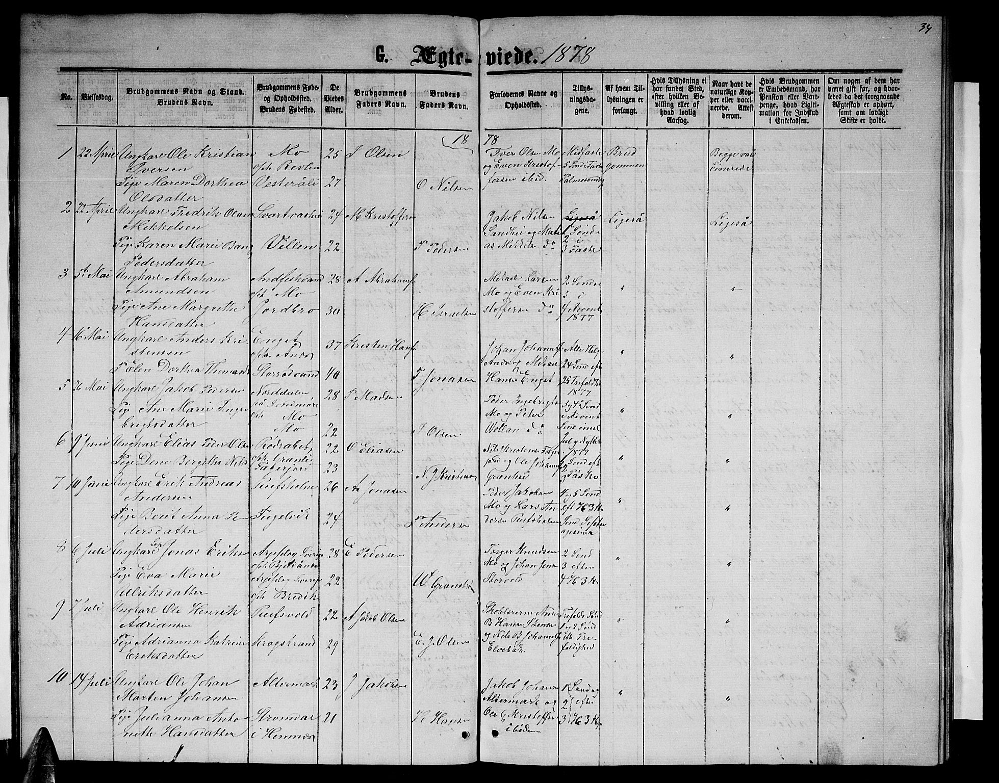 Ministerialprotokoller, klokkerbøker og fødselsregistre - Nordland, AV/SAT-A-1459/827/L0417: Parish register (copy) no. 827C06, 1864-1886, p. 34