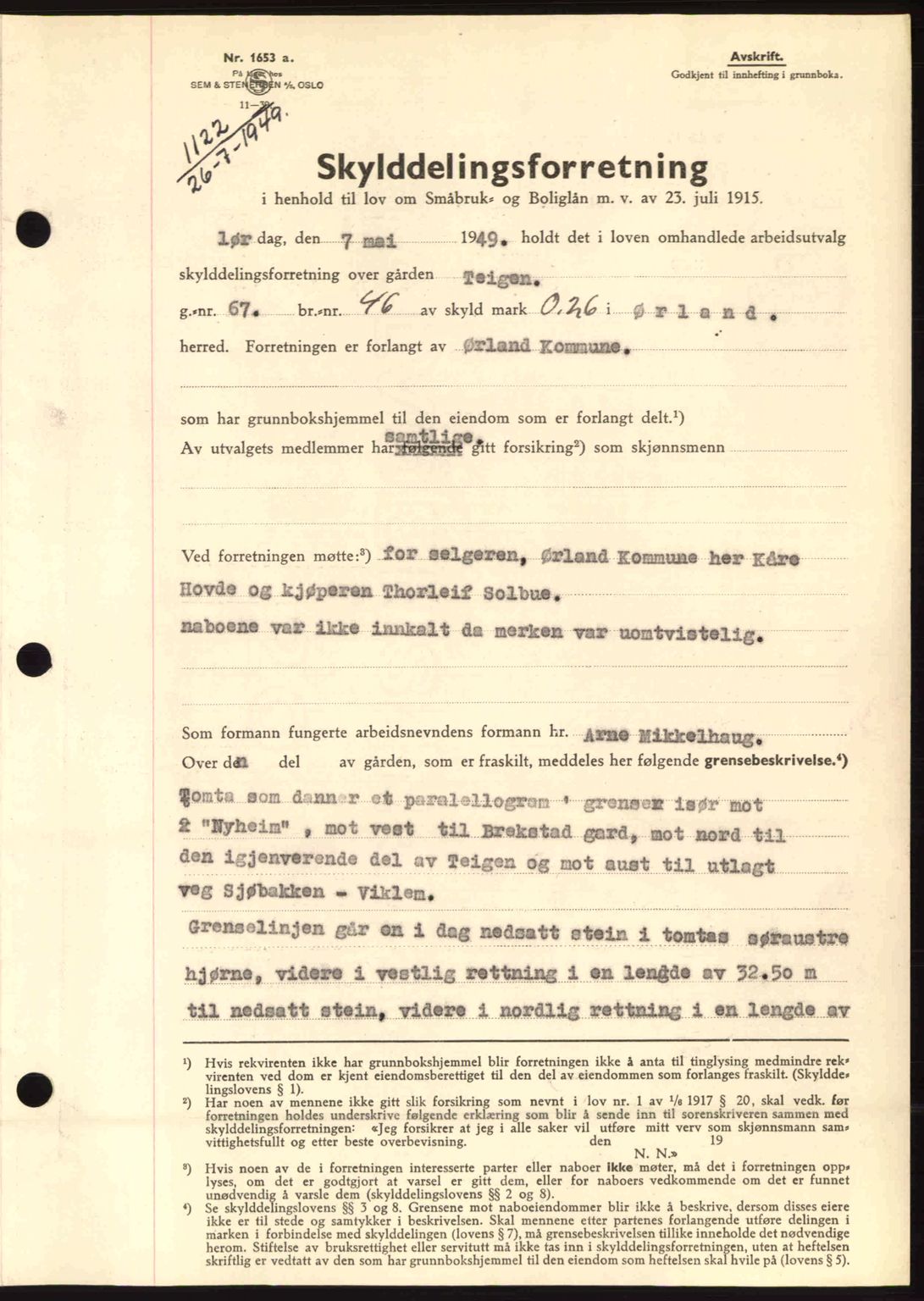 Fosen sorenskriveri, AV/SAT-A-1107/1/2/2C: Mortgage book no. A9, 1948-1949, Diary no: : 1122/1949