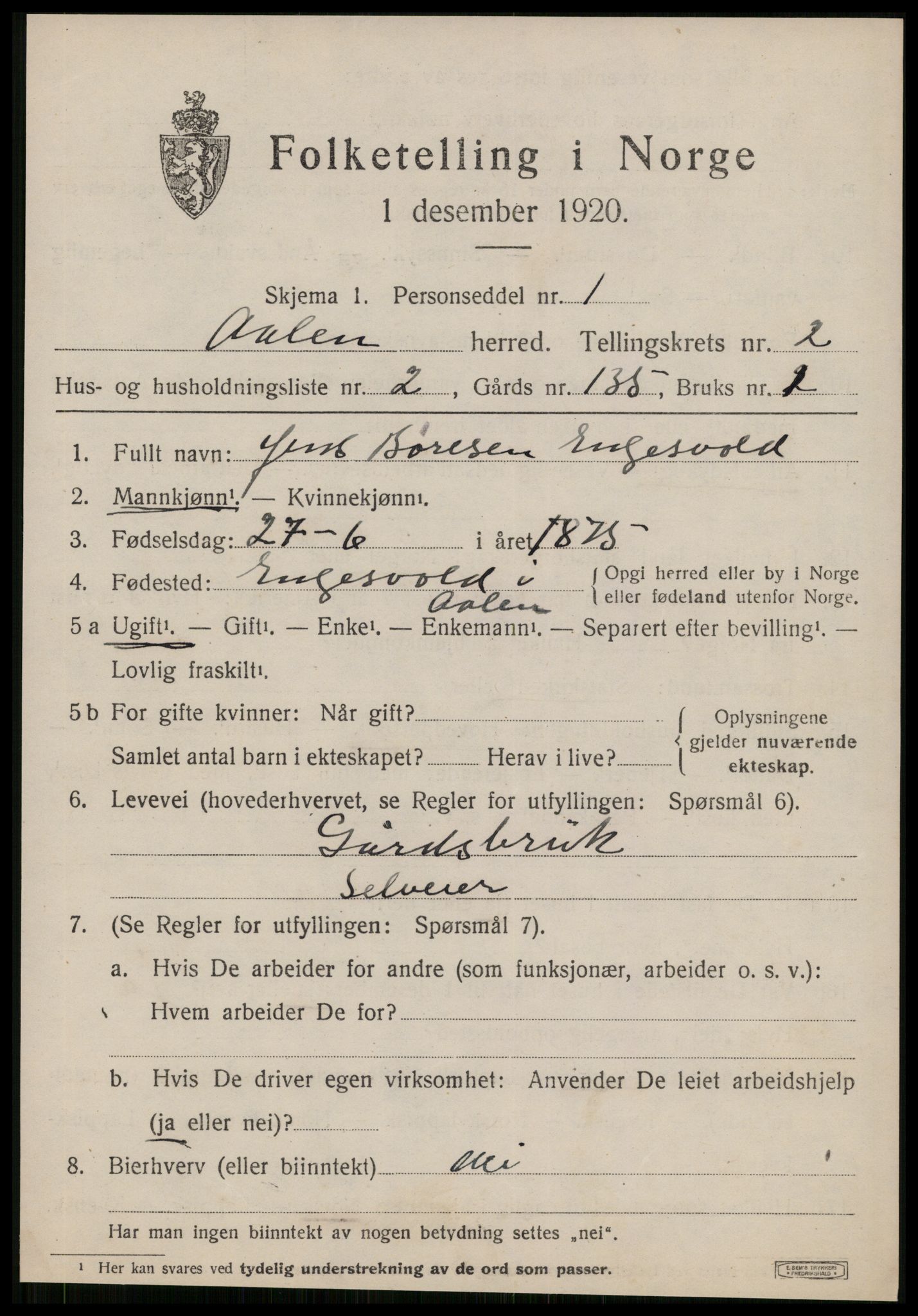 SAT, 1920 census for Ålen, 1920, p. 1210