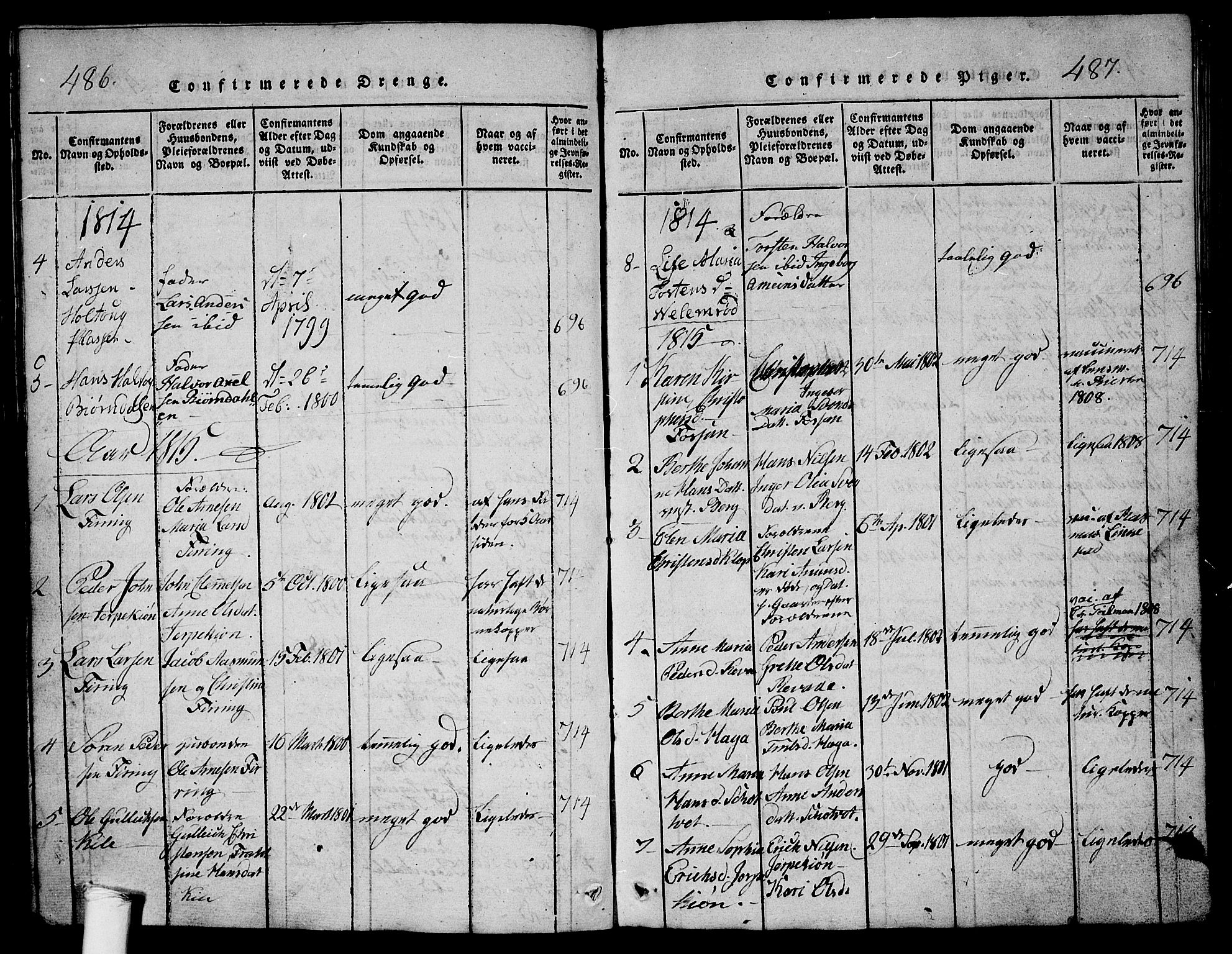 Ramnes kirkebøker, AV/SAKO-A-314/G/Ga/L0001: Parish register (copy) no. I 1, 1813-1847, p. 486-487