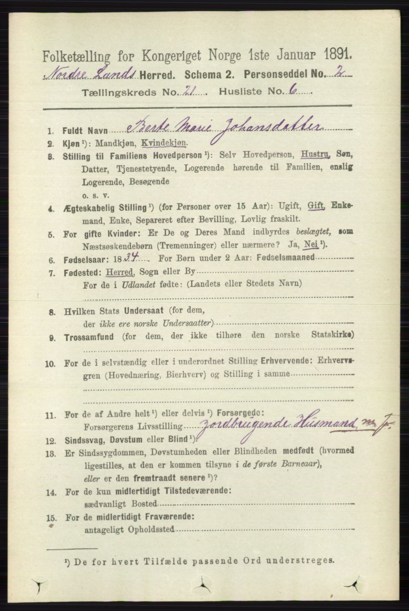 RA, 1891 census for 0538 Nordre Land, 1891, p. 5303