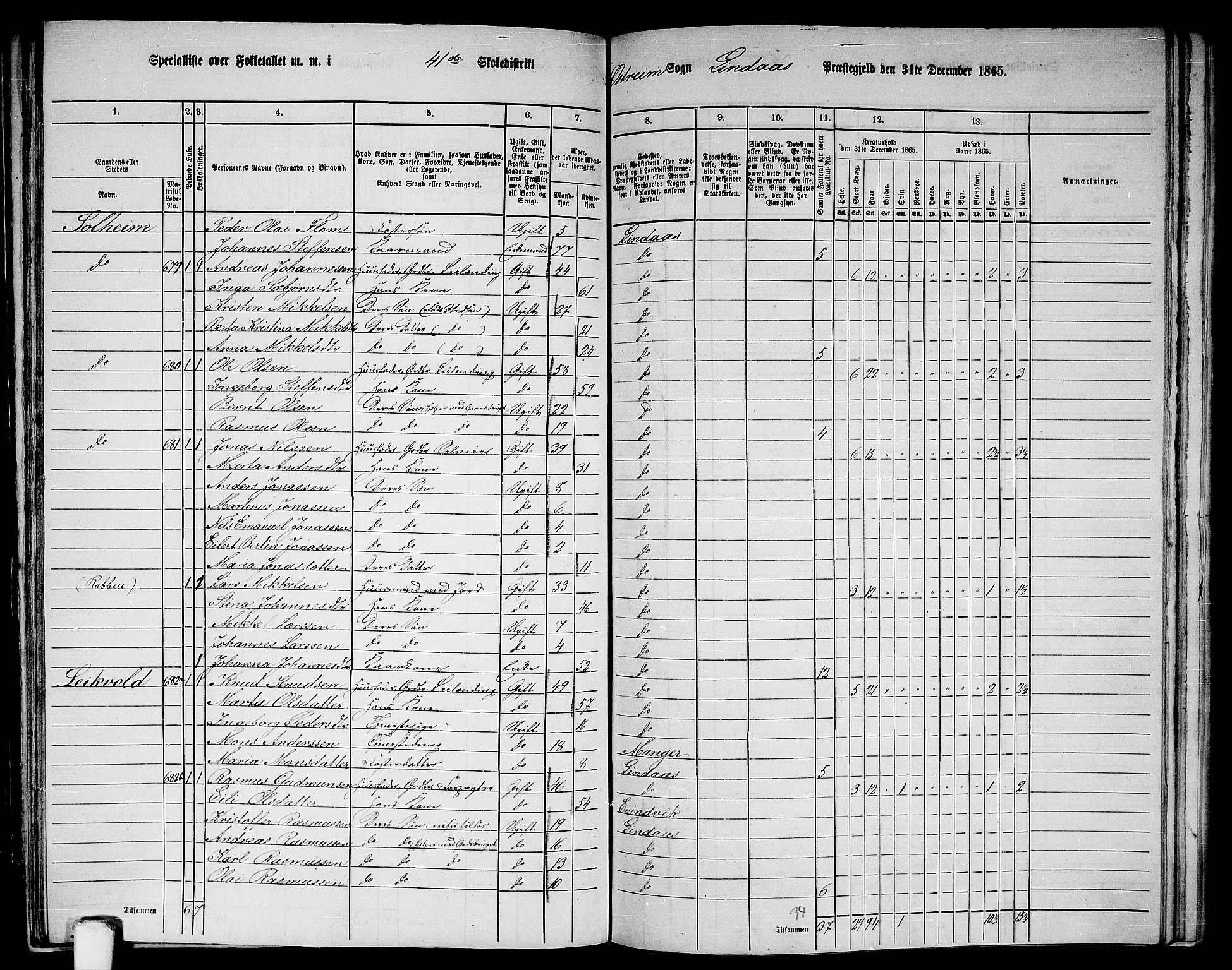 RA, 1865 census for Lindås, 1865, p. 256