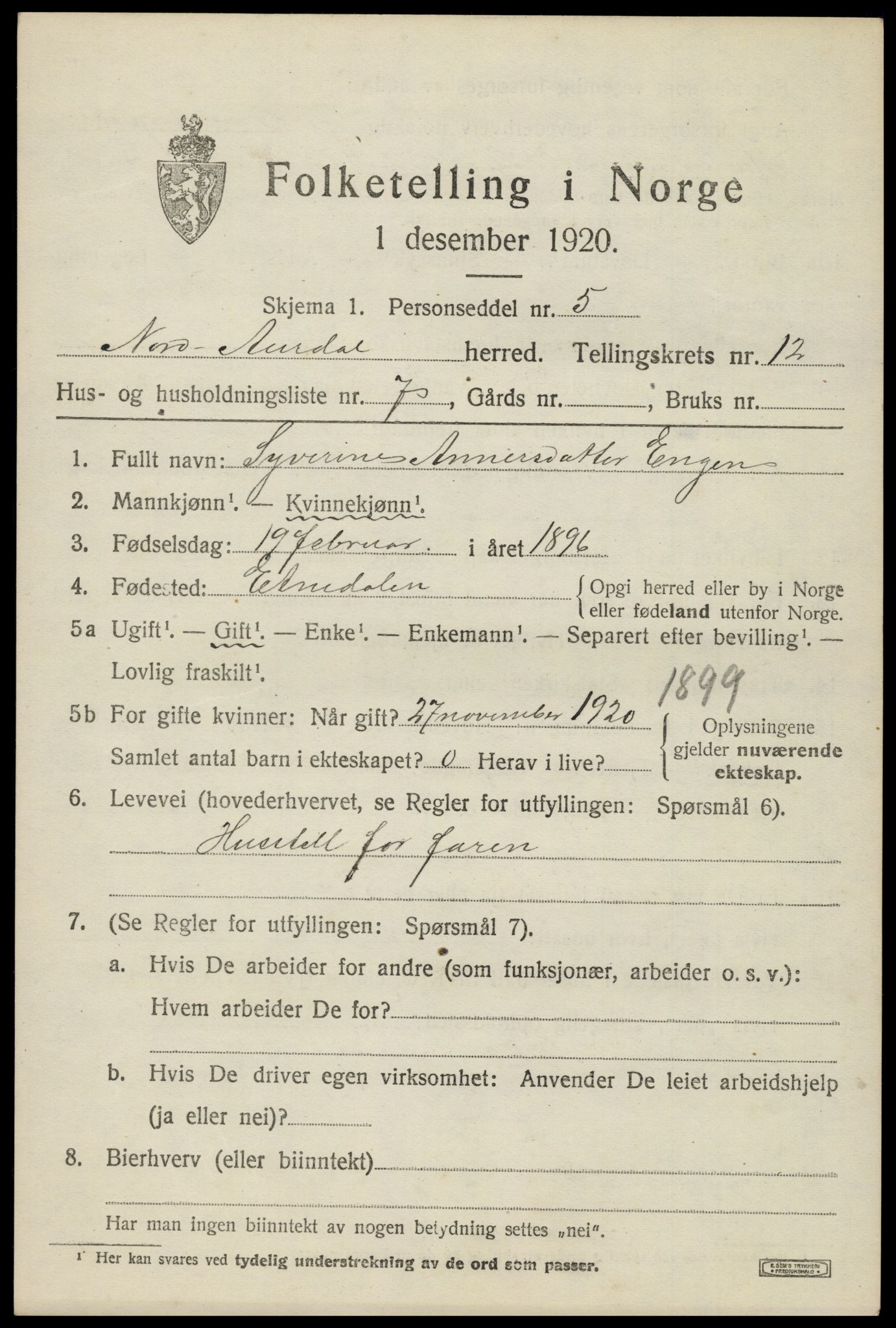 SAH, 1920 census for Nord-Aurdal, 1920, p. 9952