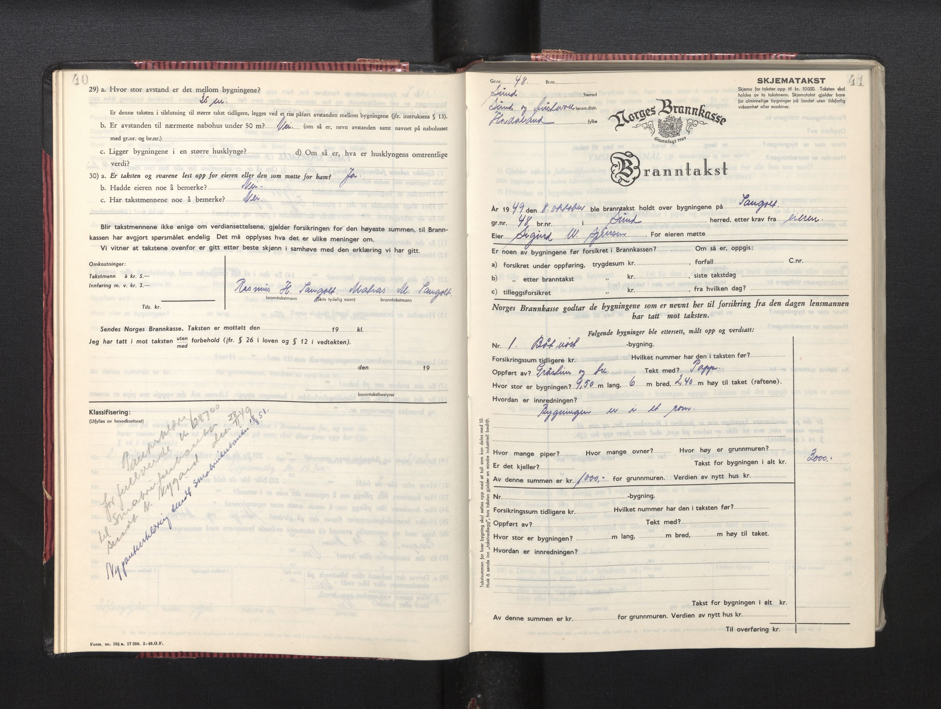 Lensmannen i Sund og Austevoll, AV/SAB-A-35201/0012/L0005: Branntakstprotokoll, skjematakst, 1949-1955, p. 40-41