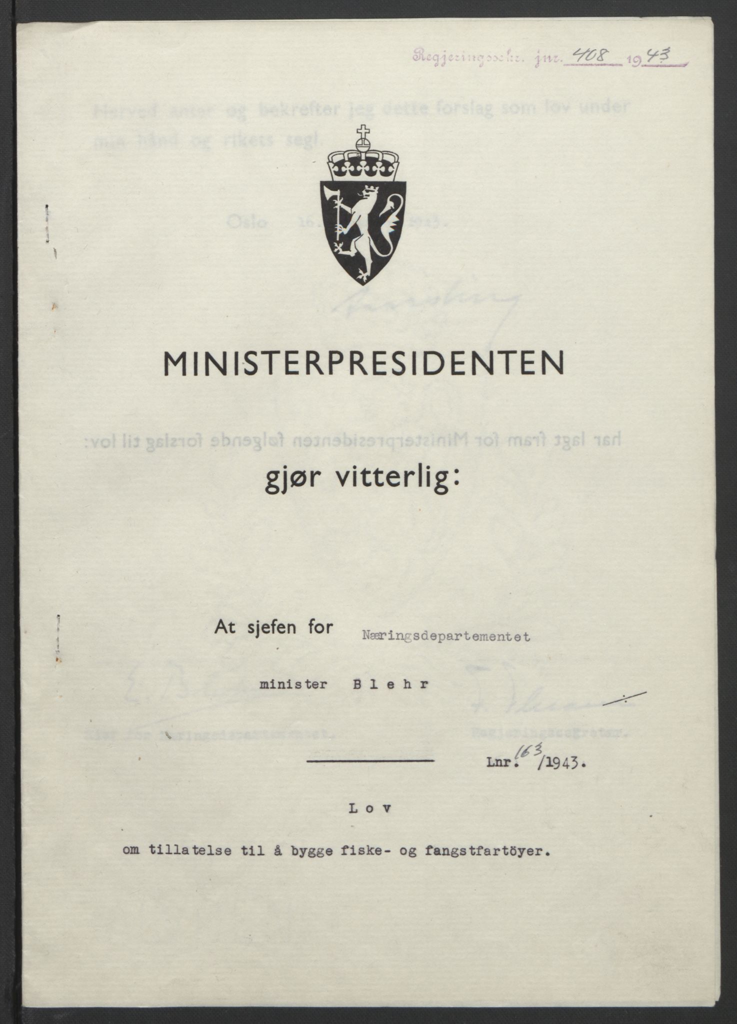 NS-administrasjonen 1940-1945 (Statsrådsekretariatet, de kommisariske statsråder mm), RA/S-4279/D/Db/L0099: Lover, 1943, p. 770
