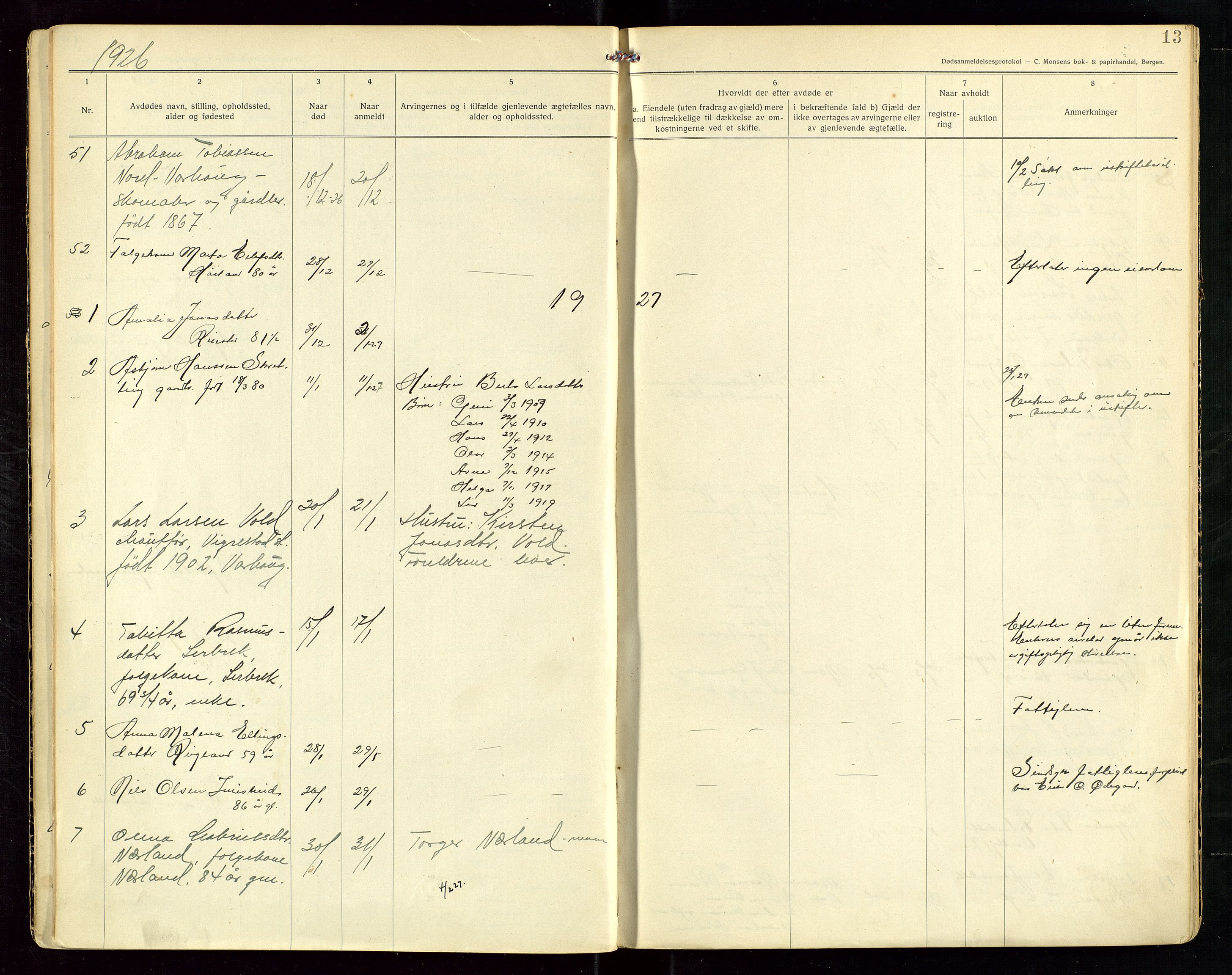 Hå lensmannskontor, AV/SAST-A-100456/Gga/L0003: Dødsfallsprotokoll, 1925-1931, p. 13