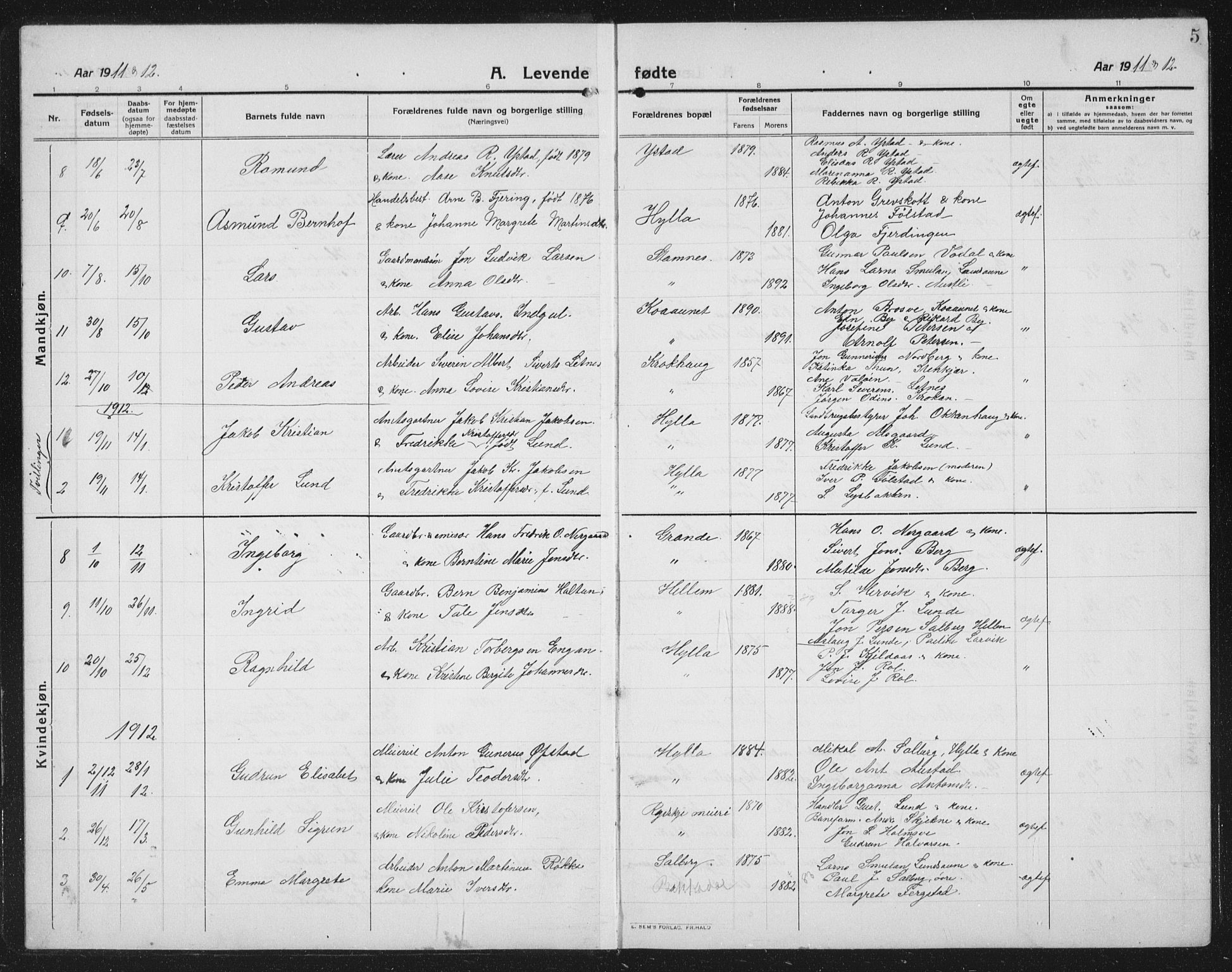 Ministerialprotokoller, klokkerbøker og fødselsregistre - Nord-Trøndelag, AV/SAT-A-1458/731/L0312: Parish register (copy) no. 731C03, 1911-1935, p. 5