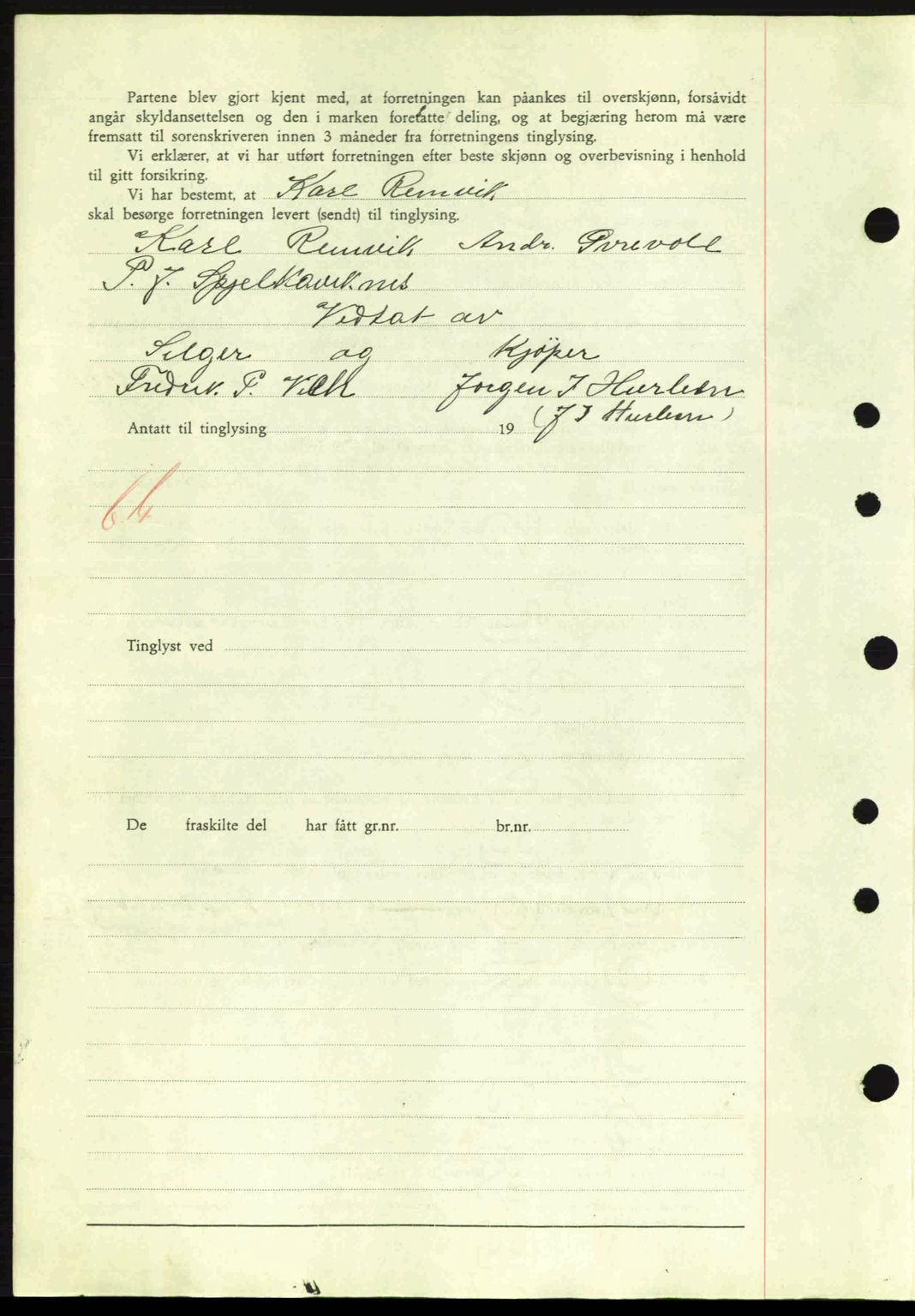 Nordre Sunnmøre sorenskriveri, SAT/A-0006/1/2/2C/2Ca: Mortgage book no. A11, 1941-1941, Diary no: : 1318/1941