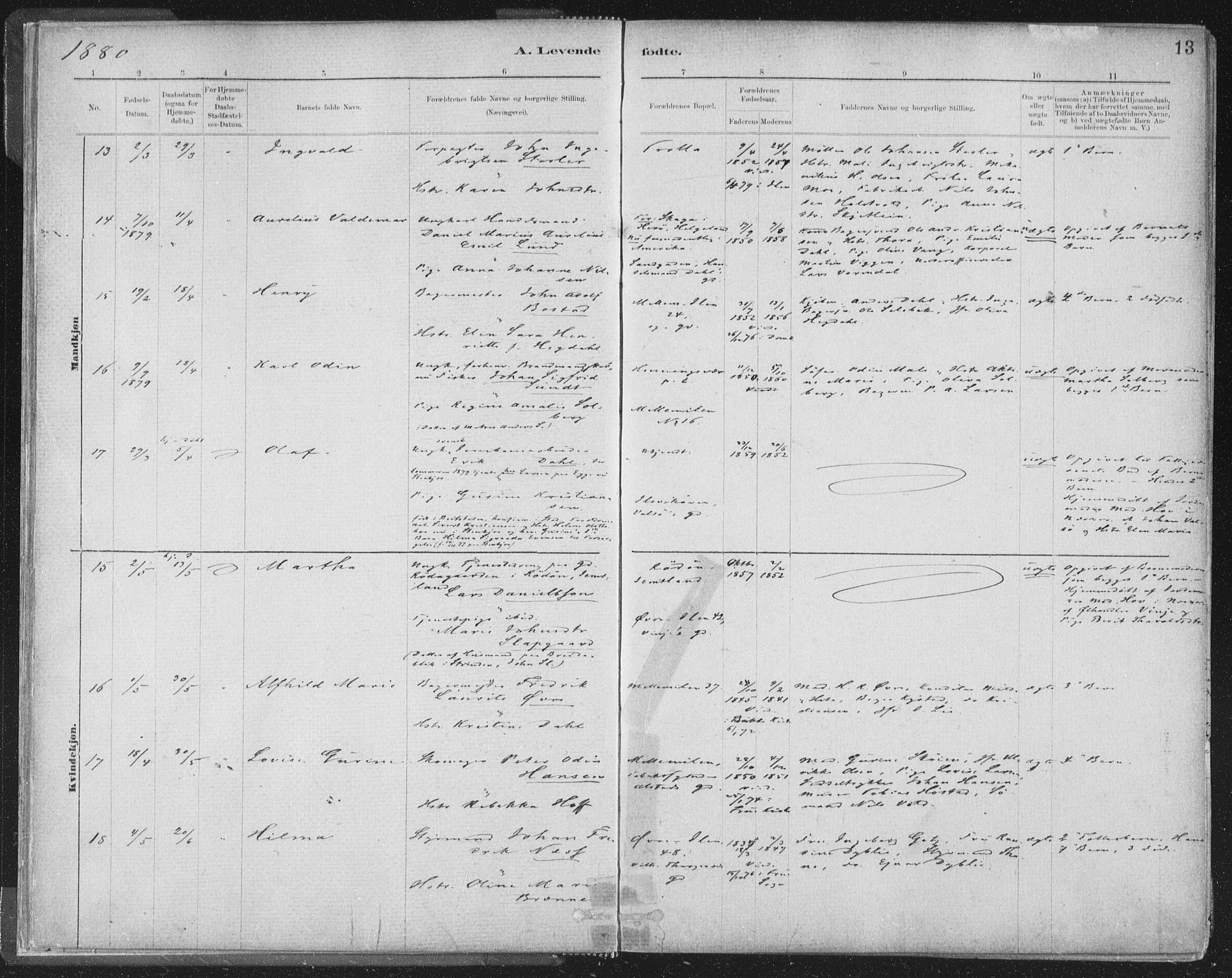 Ministerialprotokoller, klokkerbøker og fødselsregistre - Sør-Trøndelag, AV/SAT-A-1456/603/L0162: Parish register (official) no. 603A01, 1879-1895, p. 13