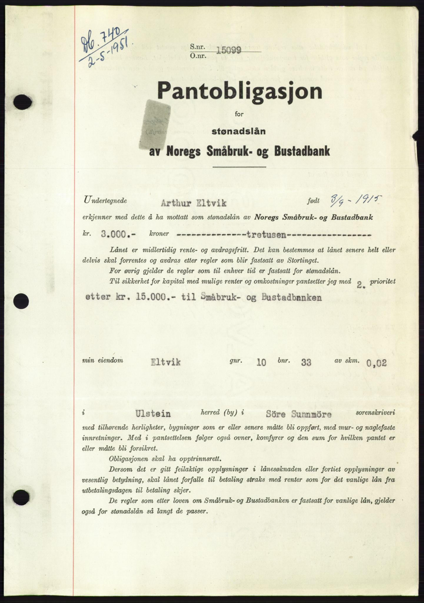 Søre Sunnmøre sorenskriveri, AV/SAT-A-4122/1/2/2C/L0120: Mortgage book no. 8B, 1951-1951, Diary no: : 740/1951