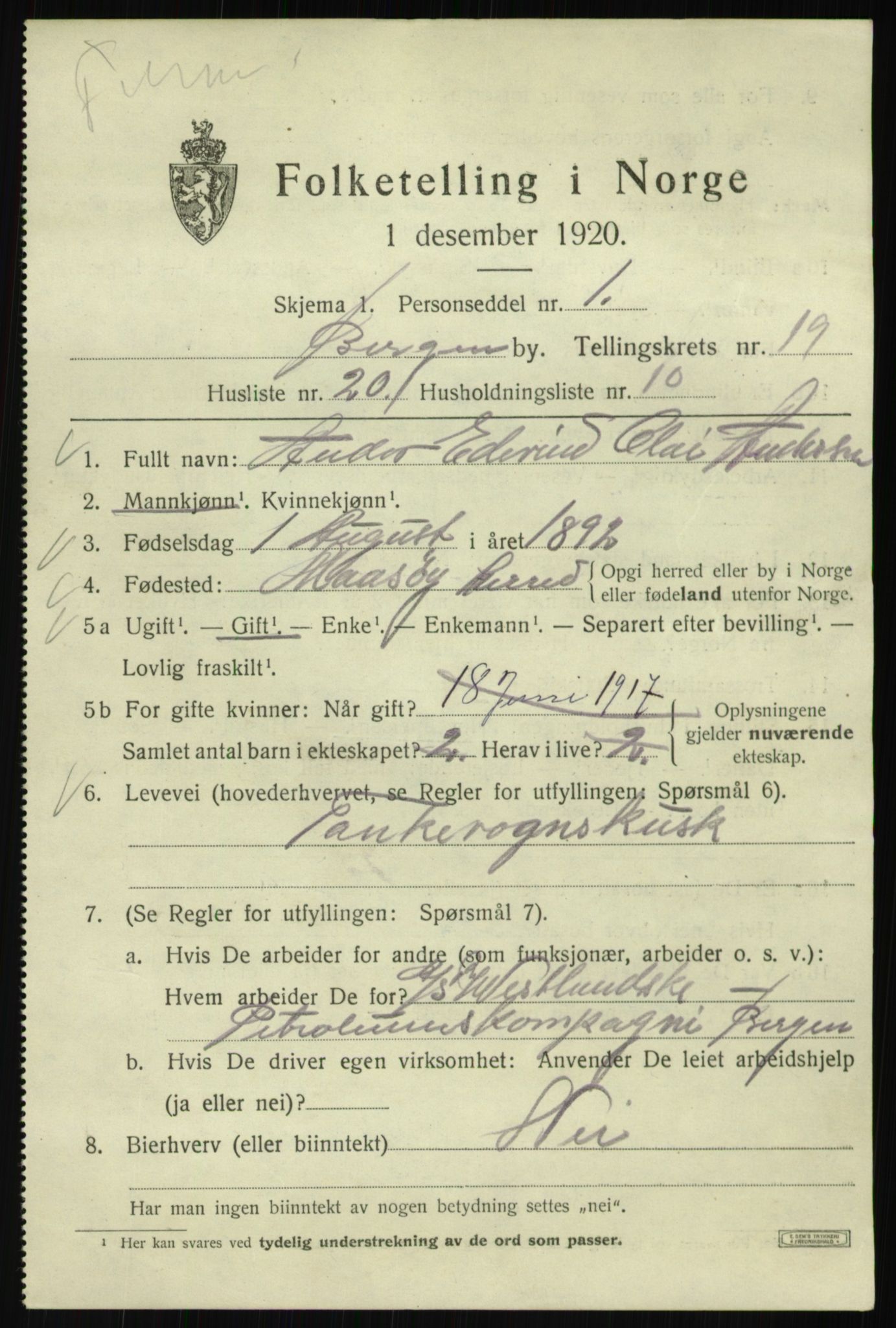 SAB, 1920 census for Bergen, 1920, p. 83318