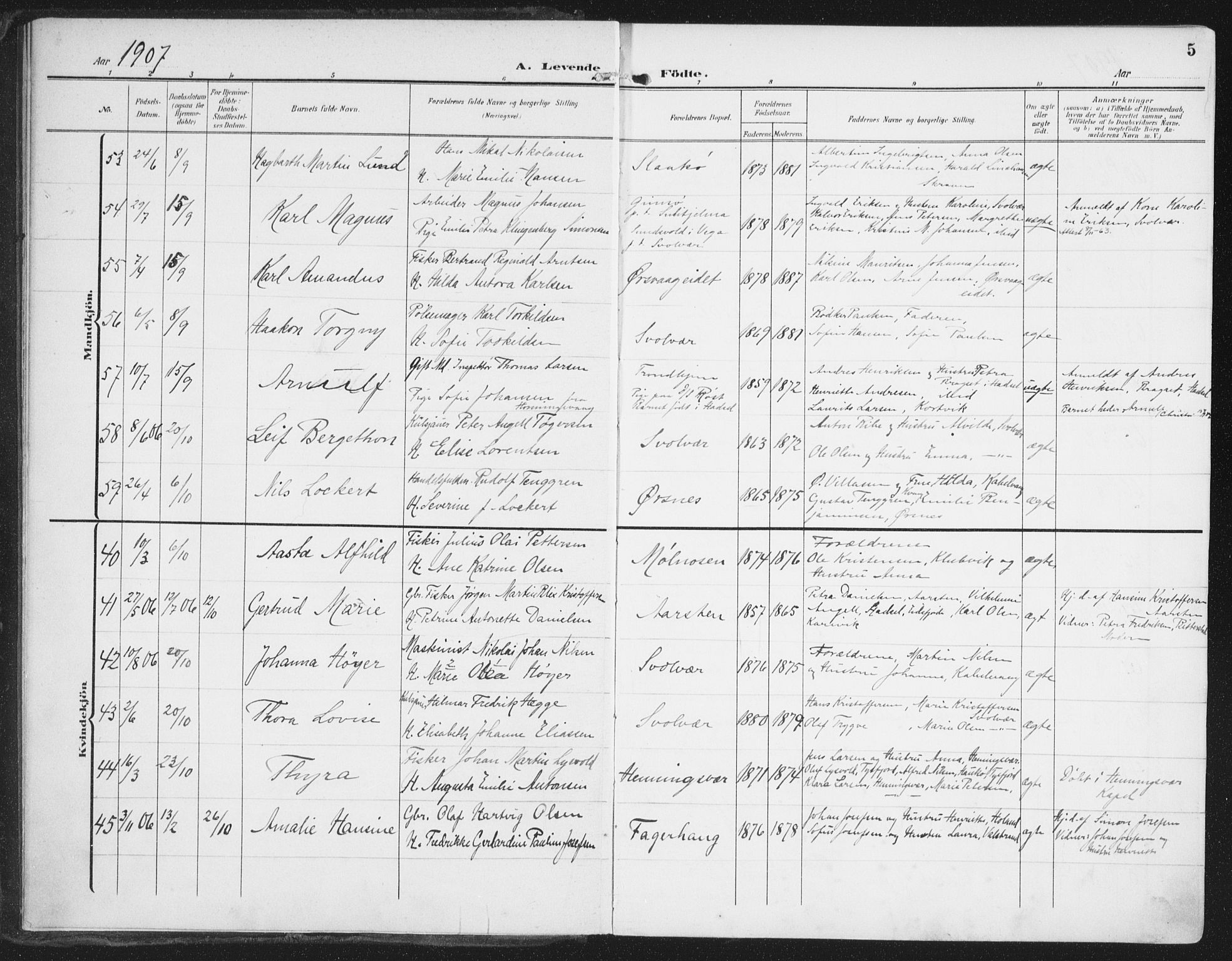 Ministerialprotokoller, klokkerbøker og fødselsregistre - Nordland, SAT/A-1459/874/L1063: Parish register (official) no. 874A07, 1907-1915, p. 5