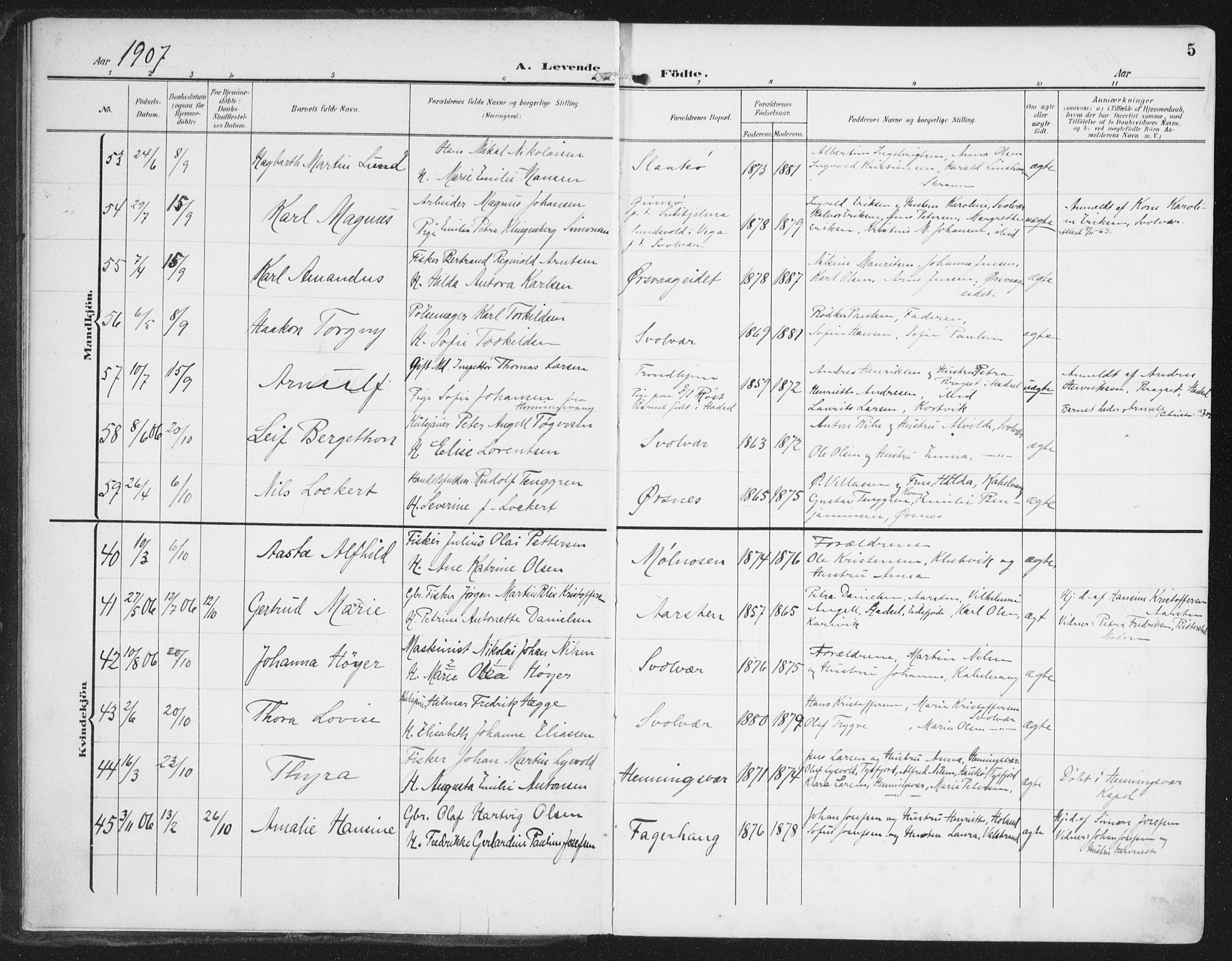 Ministerialprotokoller, klokkerbøker og fødselsregistre - Nordland, AV/SAT-A-1459/874/L1063: Parish register (official) no. 874A07, 1907-1915, p. 5