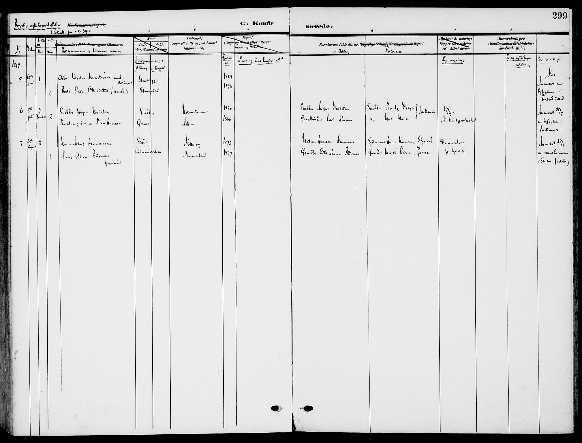 Nøtterøy kirkebøker, SAKO/A-354/F/Fa/L0010: Parish register (official) no. I 10, 1908-1919, p. 299