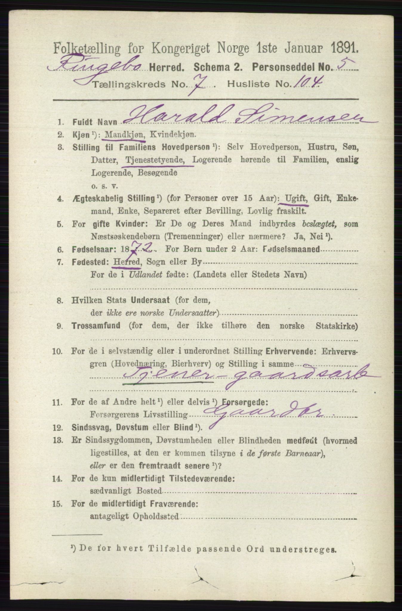 RA, 1891 census for 0520 Ringebu, 1891, p. 3562