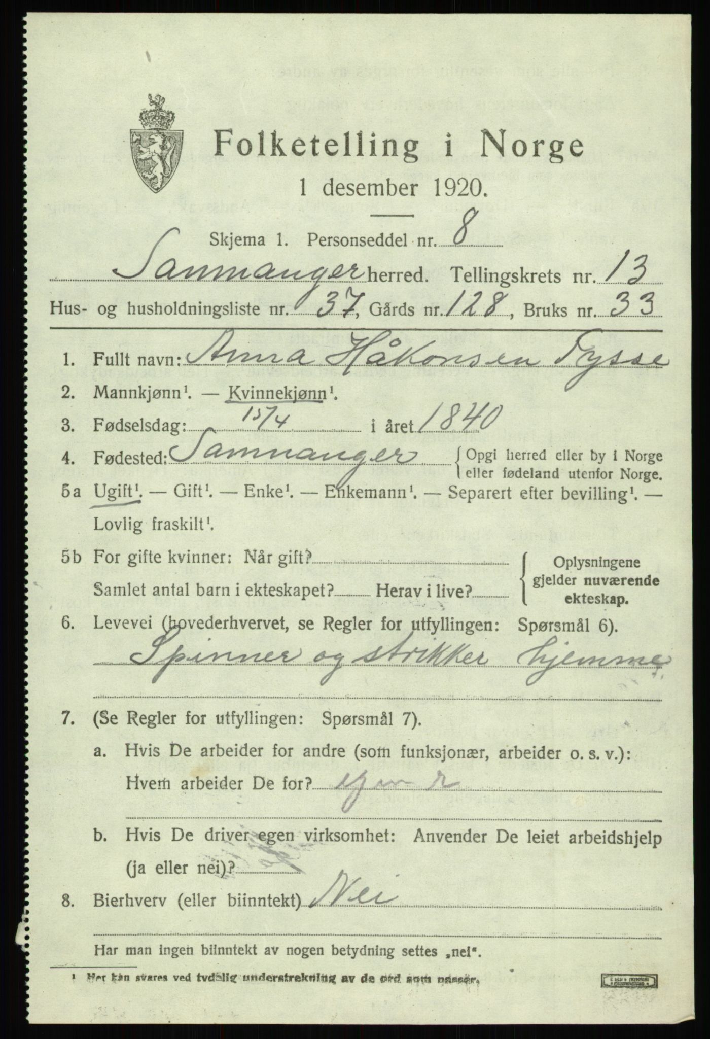 SAB, 1920 census for Samnanger, 1920, p. 5605