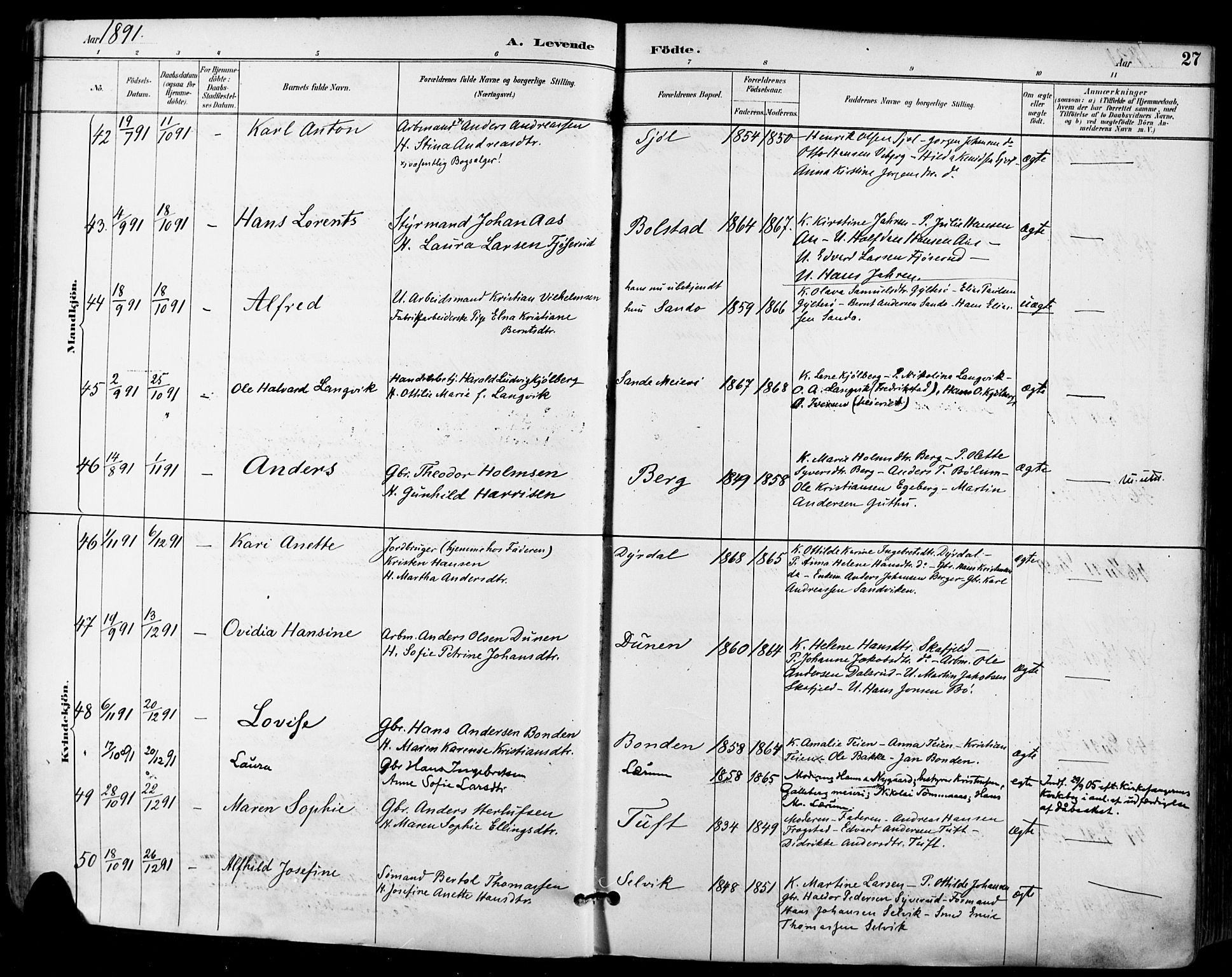 Sande Kirkebøker, AV/SAKO-A-53/F/Fa/L0007: Parish register (official) no. 7, 1888-1903, p. 27