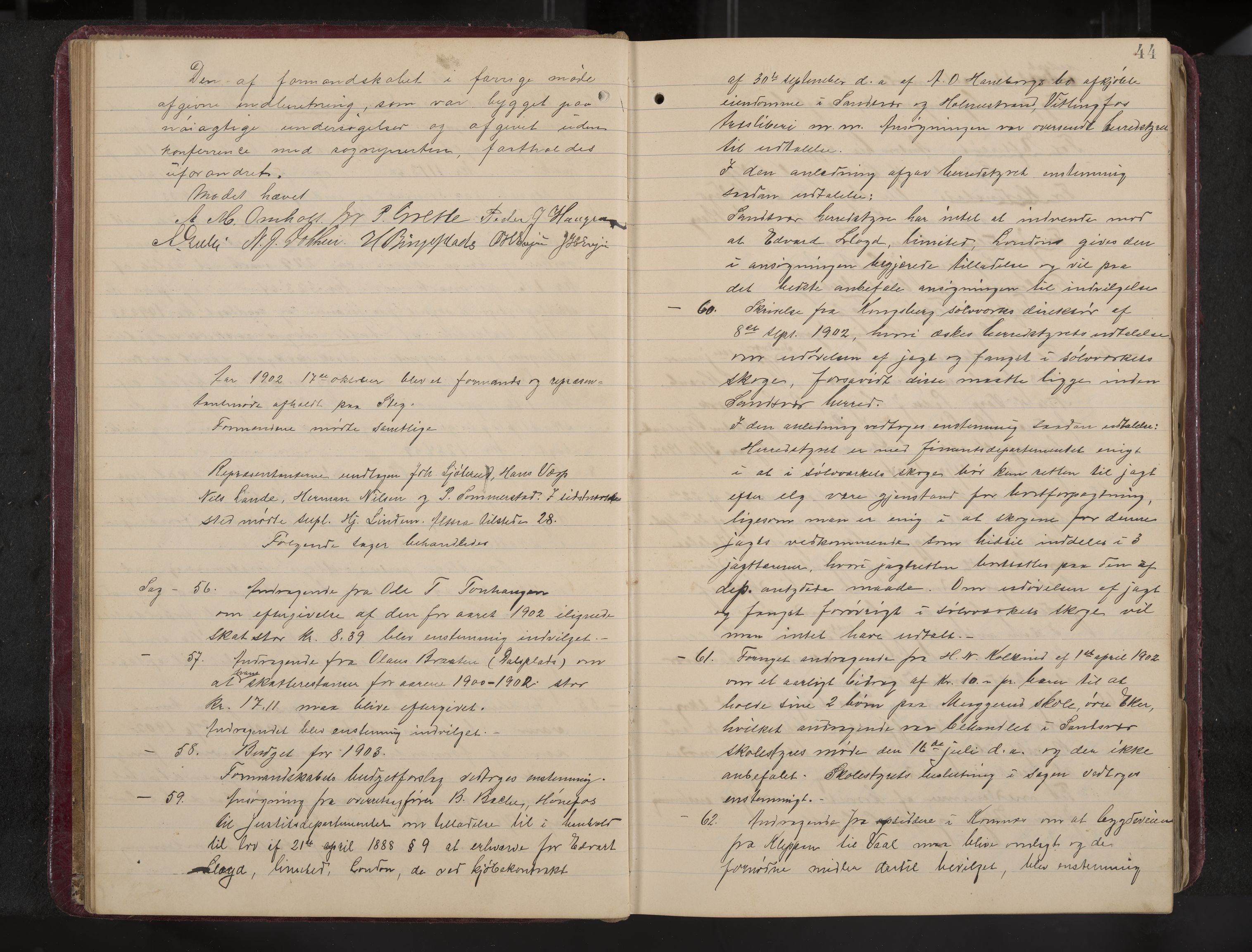Ytre Sandsvær formannskap og sentraladministrasjon, IKAK/0629021/A/Aa/L0001: Møtebok med register, 1902-1919, p. 44