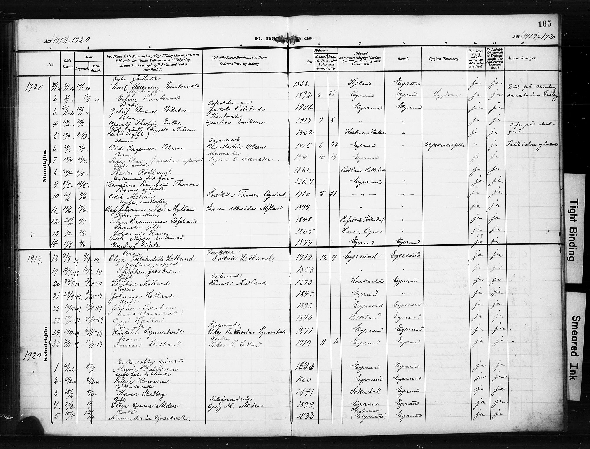 Eigersund sokneprestkontor, AV/SAST-A-101807/001/30/30BB/L0012: Parish register (copy) no. B 12, 1908-1930, p. 165