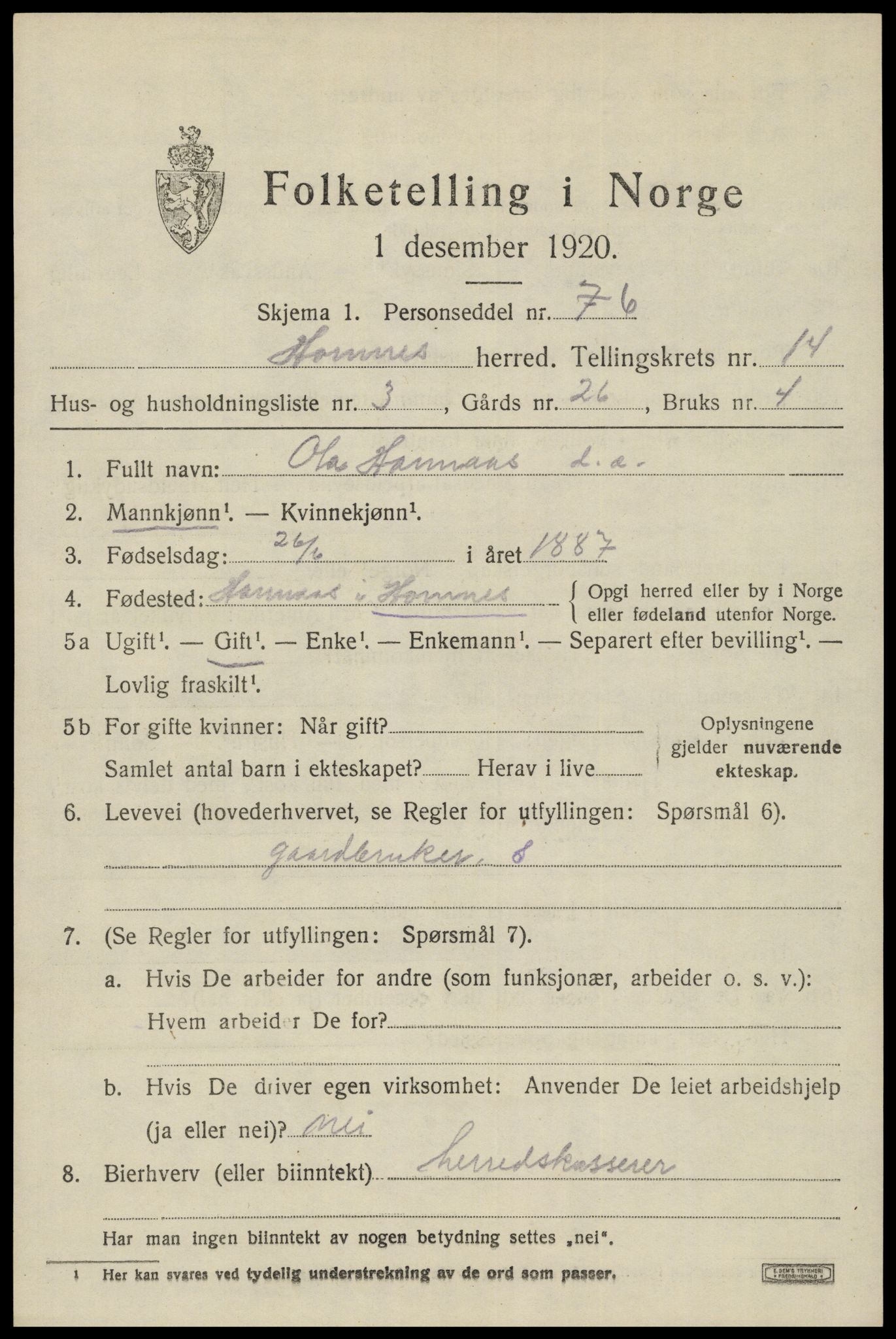 SAK, 1920 census for Hornnes, 1920, p. 3277