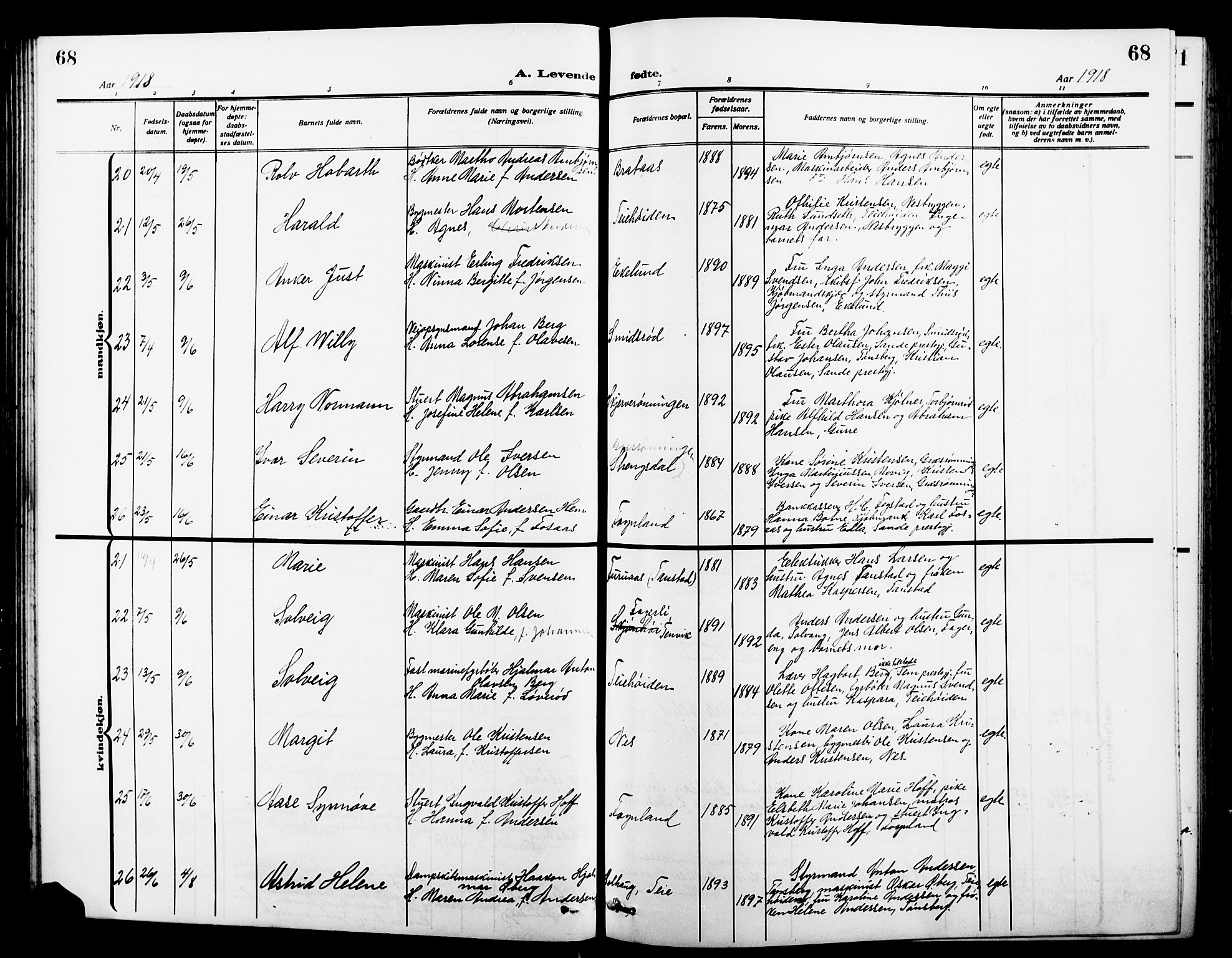 Nøtterøy kirkebøker, AV/SAKO-A-354/G/Ga/L0005: Parish register (copy) no. I 5, 1910-1924, p. 68