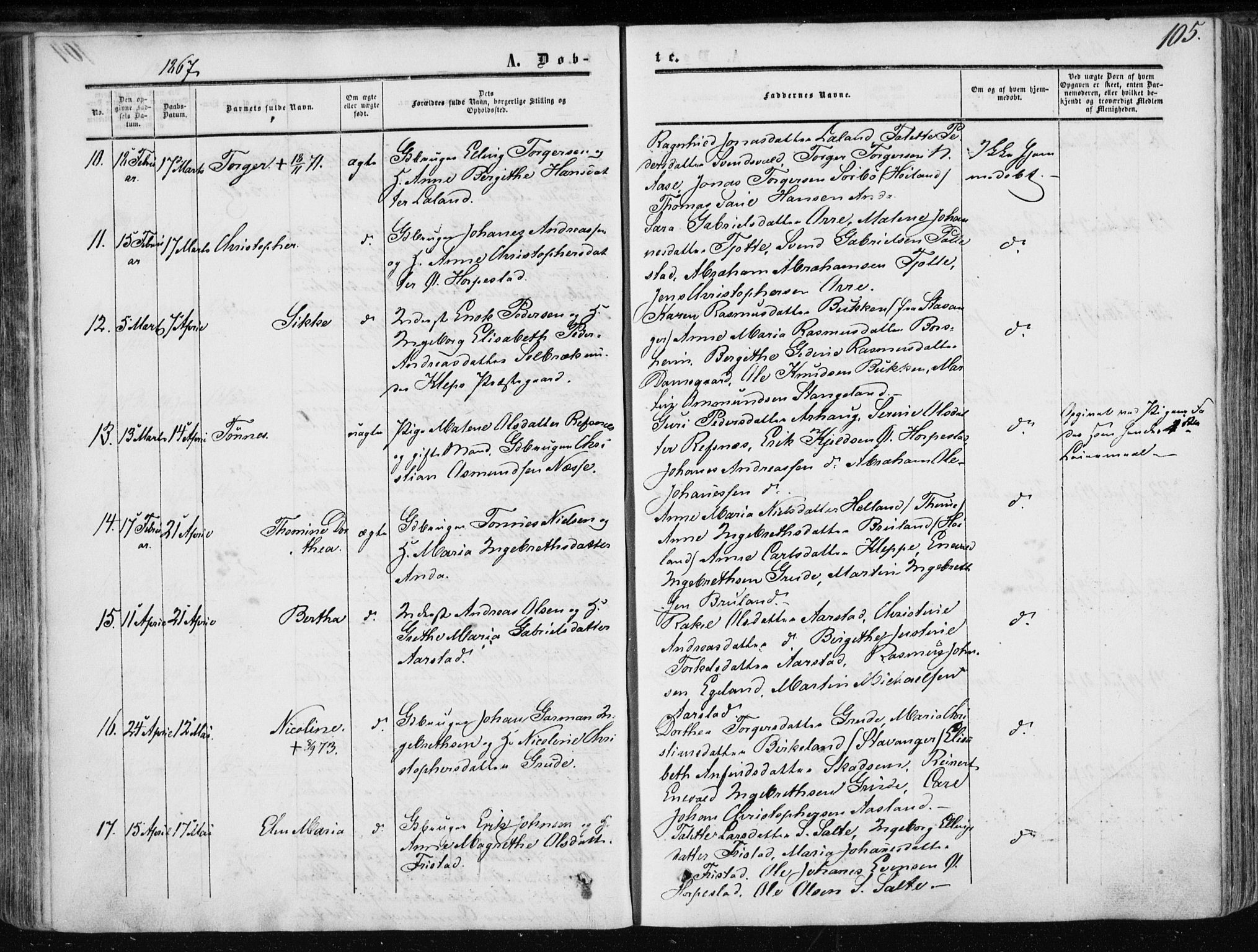 Klepp sokneprestkontor, AV/SAST-A-101803/001/3/30BA/L0005: Parish register (official) no. A 5, 1853-1870, p. 105