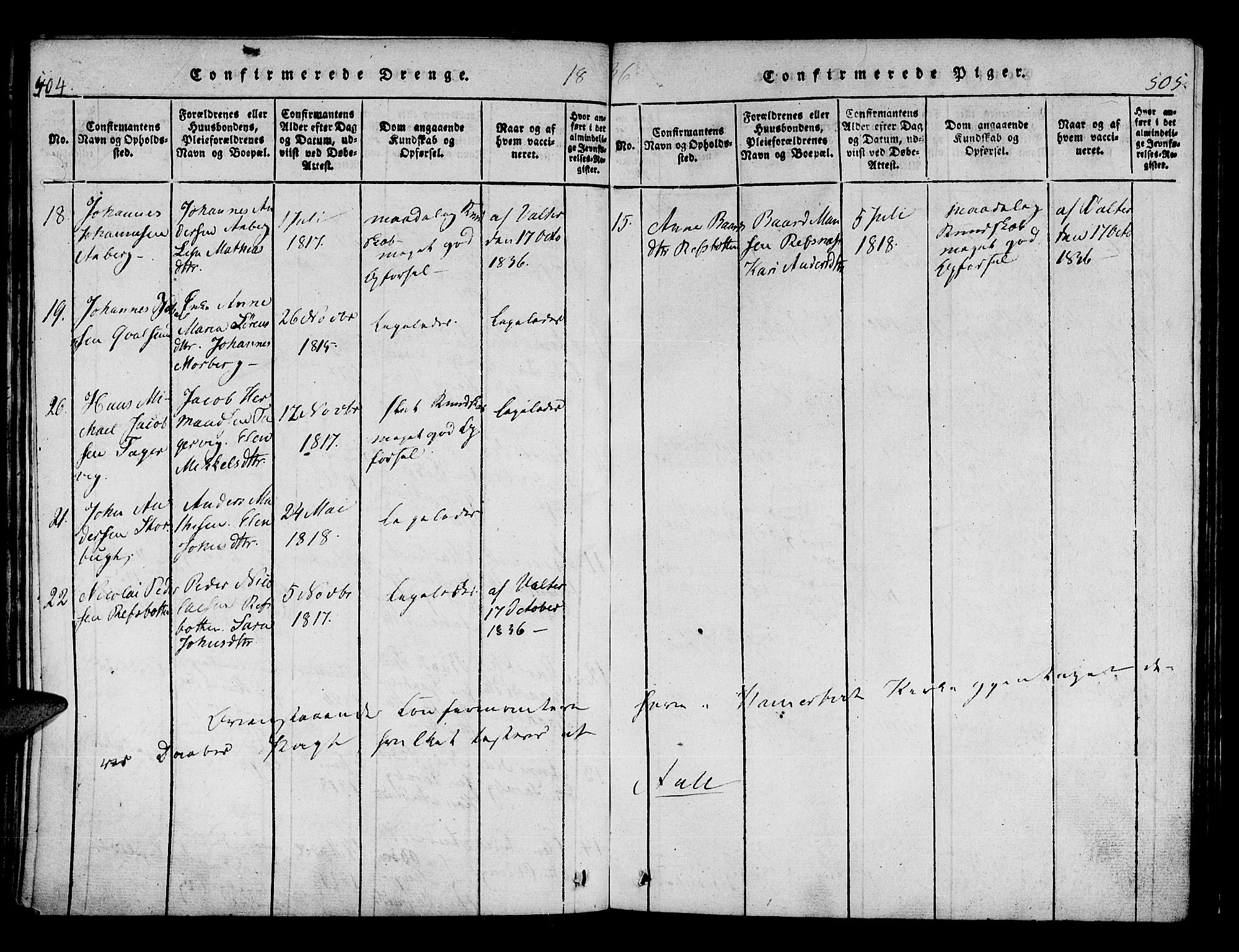 Hammerfest sokneprestkontor, AV/SATØ-S-1347/H/Ha/L0003.kirke: Parish register (official) no. 3, 1821-1842, p. 504-505