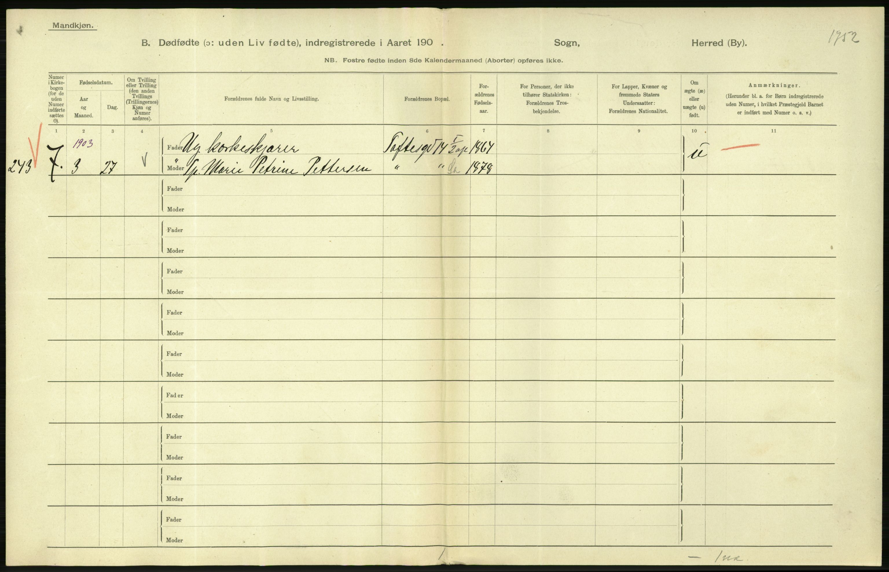 Statistisk sentralbyrå, Sosiodemografiske emner, Befolkning, AV/RA-S-2228/D/Df/Dfa/Dfaa/L0026: Smålenenes - Finnmarkens amt: Dødfødte. Byer., 1903, p. 60