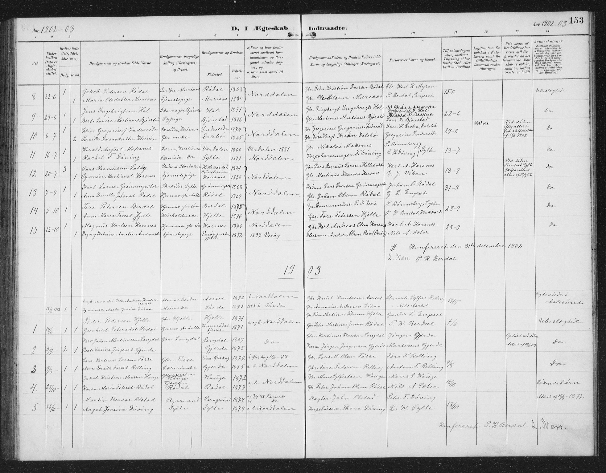 Ministerialprotokoller, klokkerbøker og fødselsregistre - Møre og Romsdal, AV/SAT-A-1454/519/L0264: Parish register (copy) no. 519C05, 1892-1910, p. 153