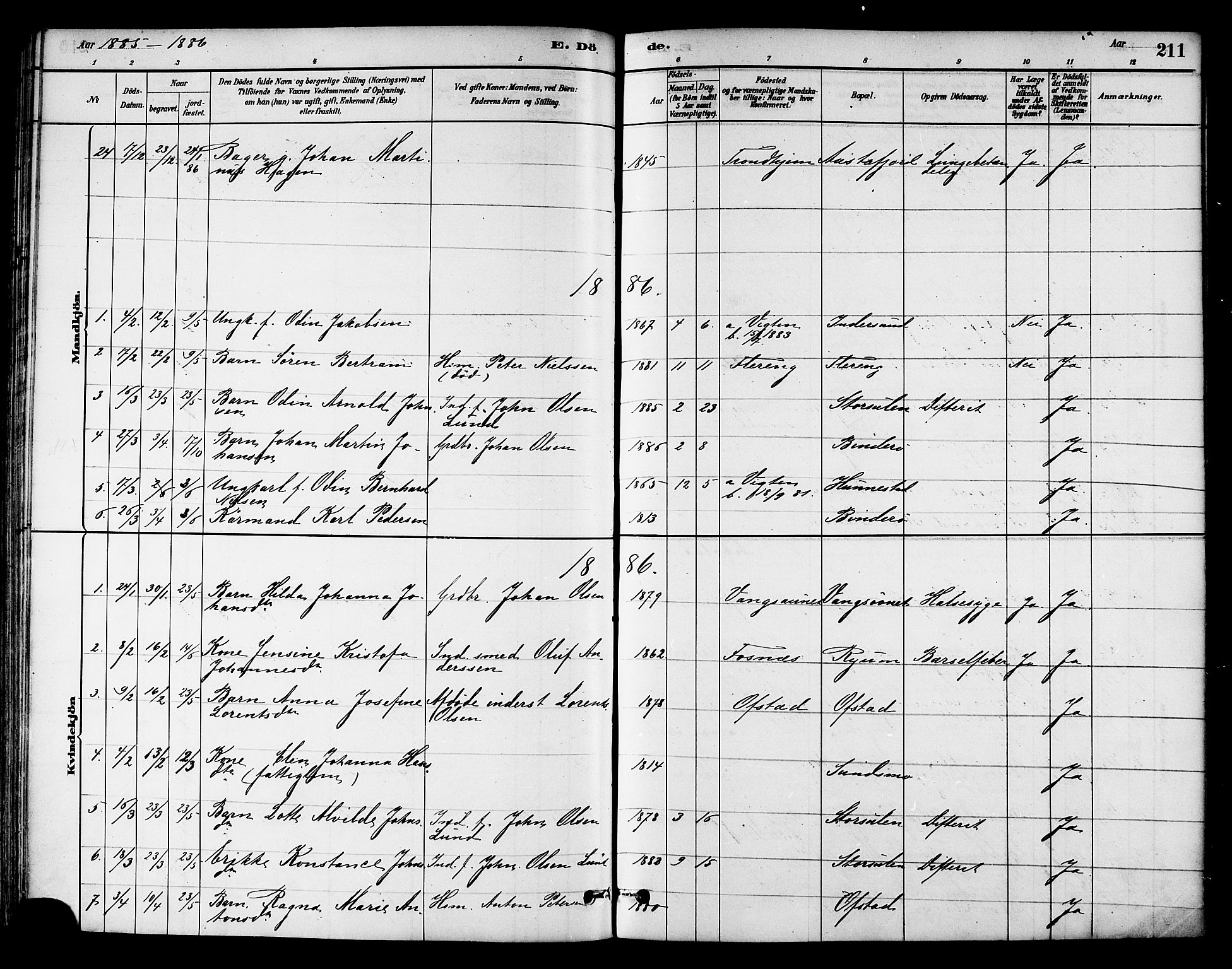 Ministerialprotokoller, klokkerbøker og fødselsregistre - Nord-Trøndelag, SAT/A-1458/786/L0686: Parish register (official) no. 786A02, 1880-1887, p. 211