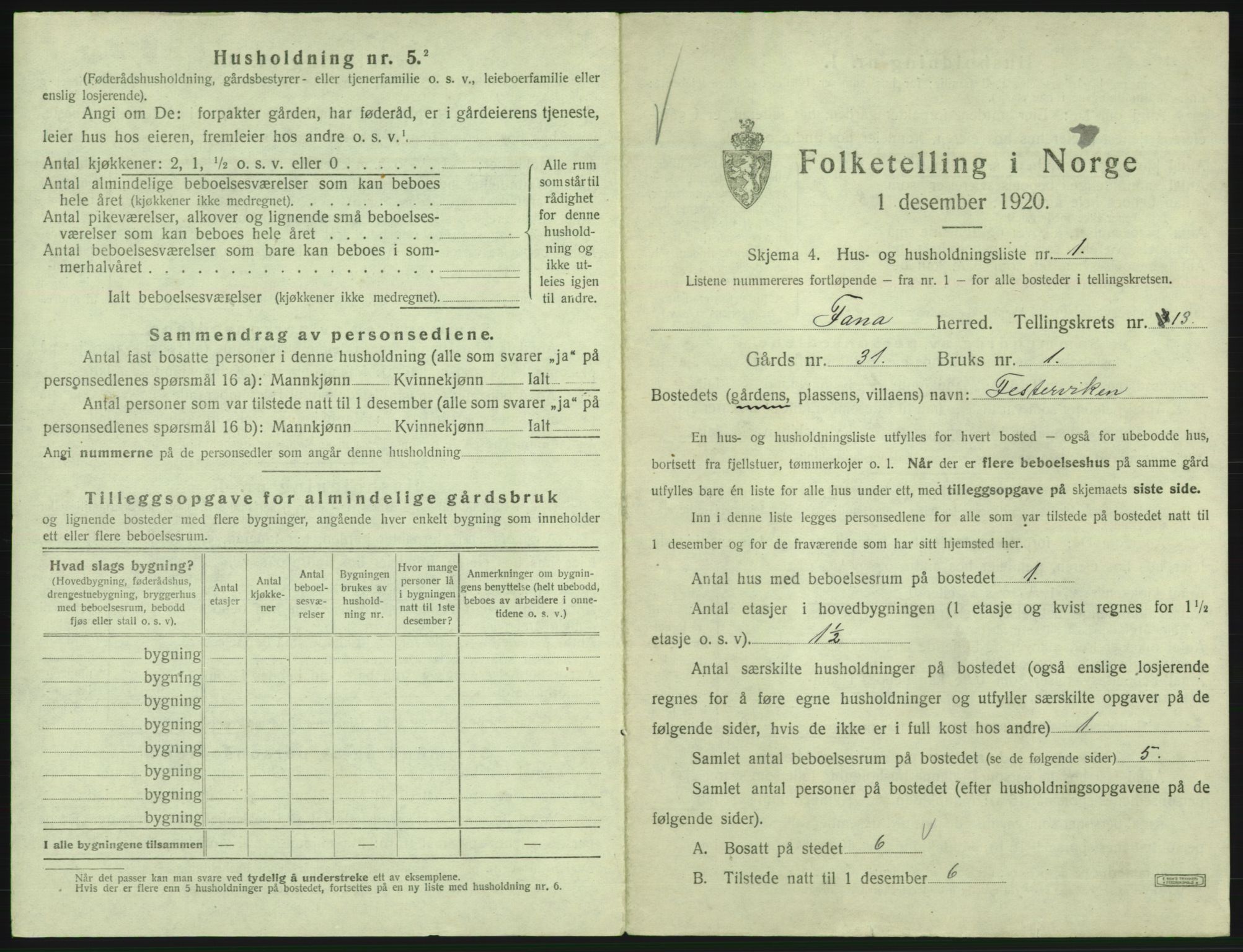 SAB, 1920 census for Fana, 1920, p. 2260